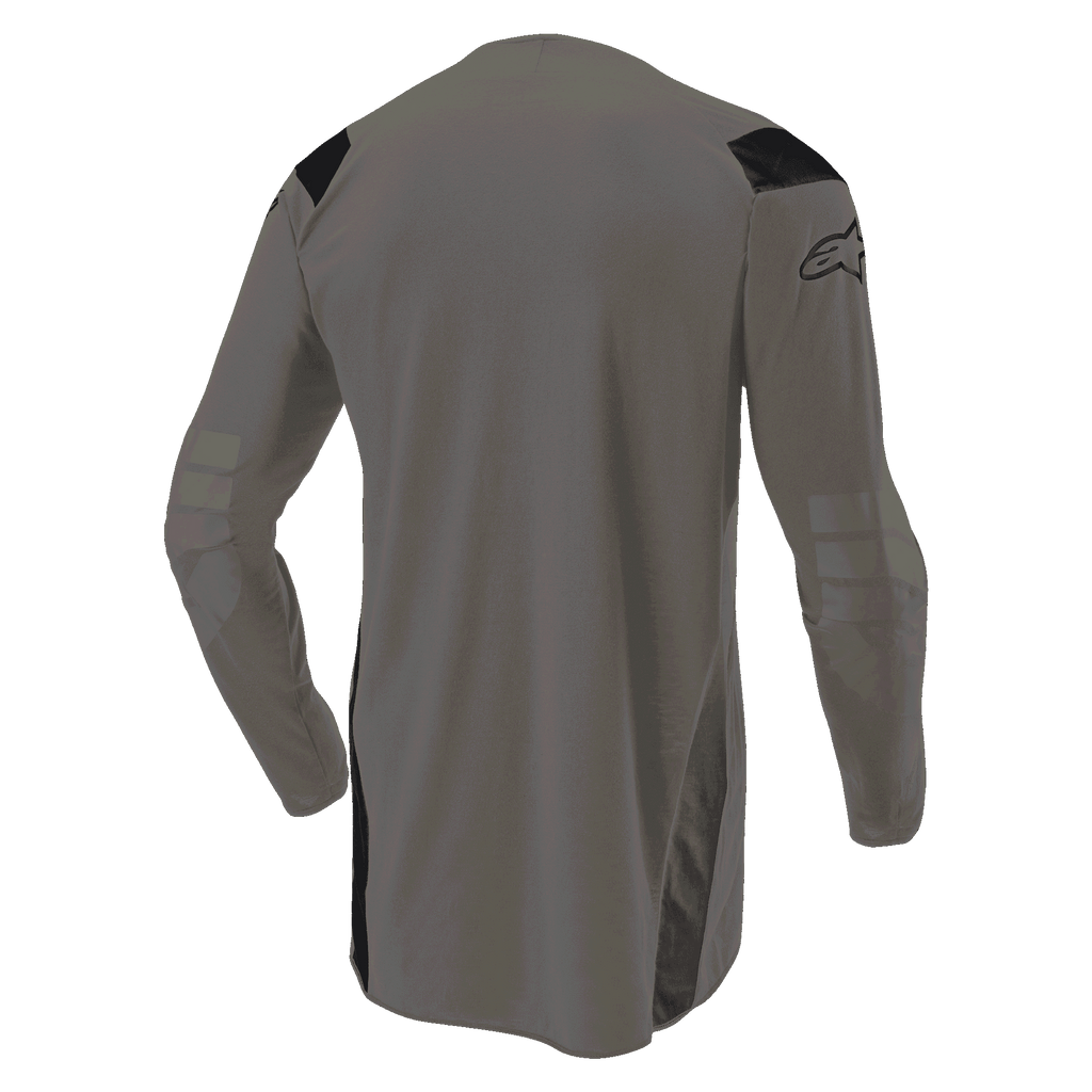 Alpinestars Techdura Jersey, Falcon Brown motocross jersey, back view showing elongated drop tail for coverage, long sleeves with reinforced elbow sections, black panels on shoulders, and logo on the sleeve, durable off-road apparel