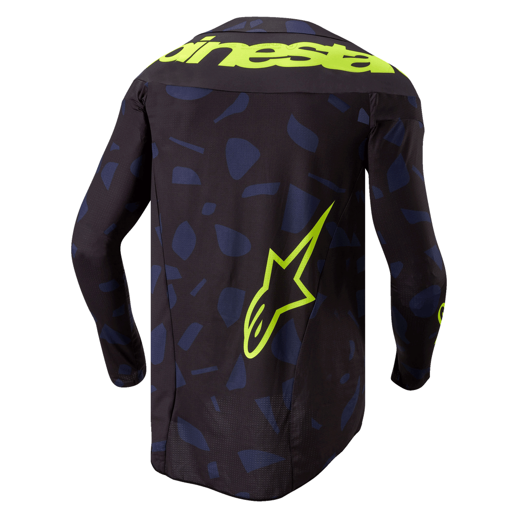 Maillot Alpinestars Techstar Rantera 2024, maillot de motocross, noir, bleu marine et jaune fluo, vue de dos, avec motif géométrique bleu marine sur fond noir, texte Alpinestars jaune fluo sur les épaules et grand logo étoile dans le bas du dos, équipement technique à manches longues pour le tout-terrain