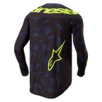 Maillot Alpinestars Techstar Rantera 2024, maillot de motocross, noir, bleu marine et jaune fluo, vue de dos, avec motif géométrique bleu marine sur fond noir, texte Alpinestars jaune fluo sur les épaules et grand logo étoile dans le bas du dos, équipement technique à manches longues pour le tout-terrain