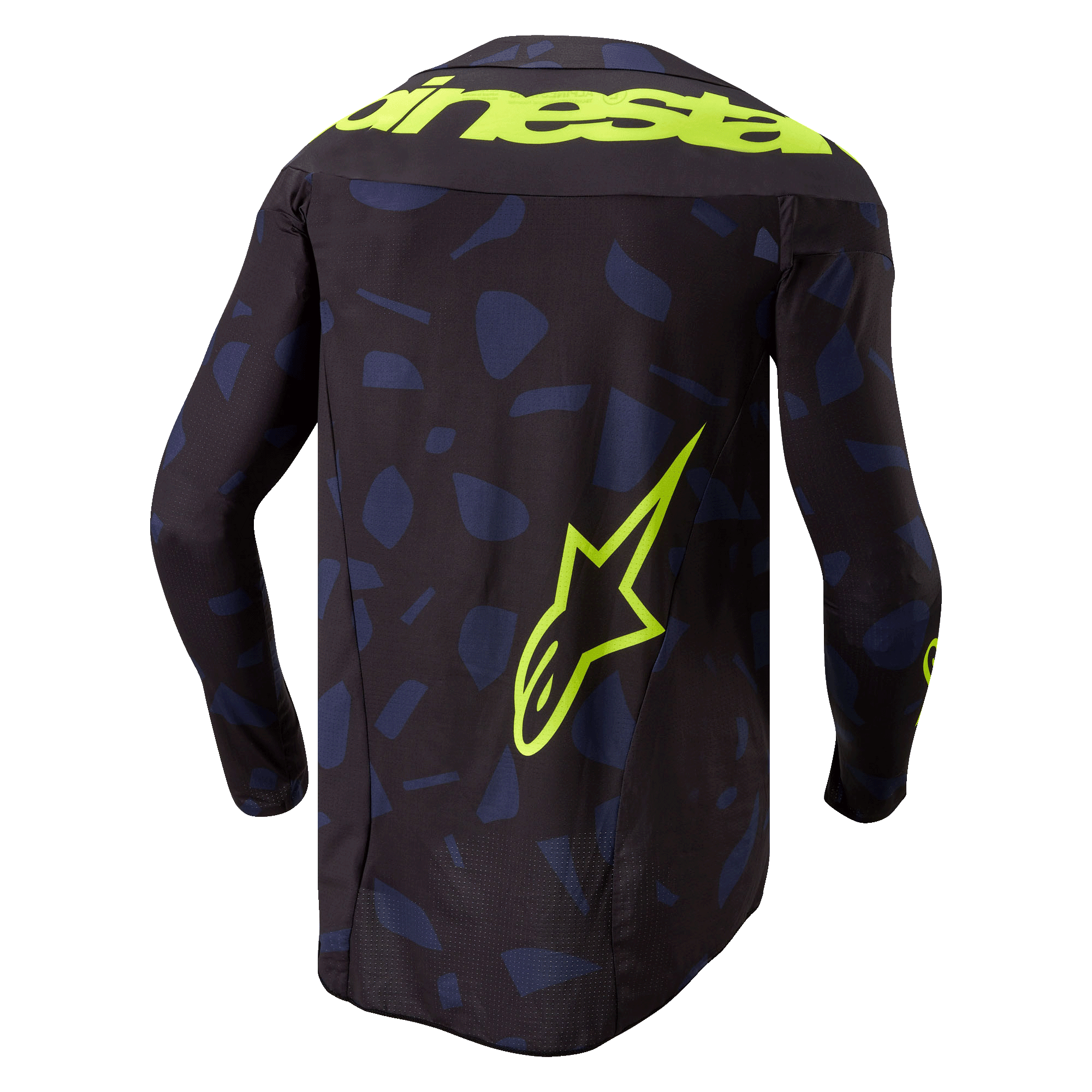 Maillot Alpinestars Techstar Rantera 2024, maillot de motocross, noir, bleu marine et jaune fluo, vue de dos, avec motif géométrique bleu marine sur fond noir, texte Alpinestars jaune fluo sur les épaules et grand logo étoile dans le bas du dos, équipement technique à manches longues pour le tout-terrain