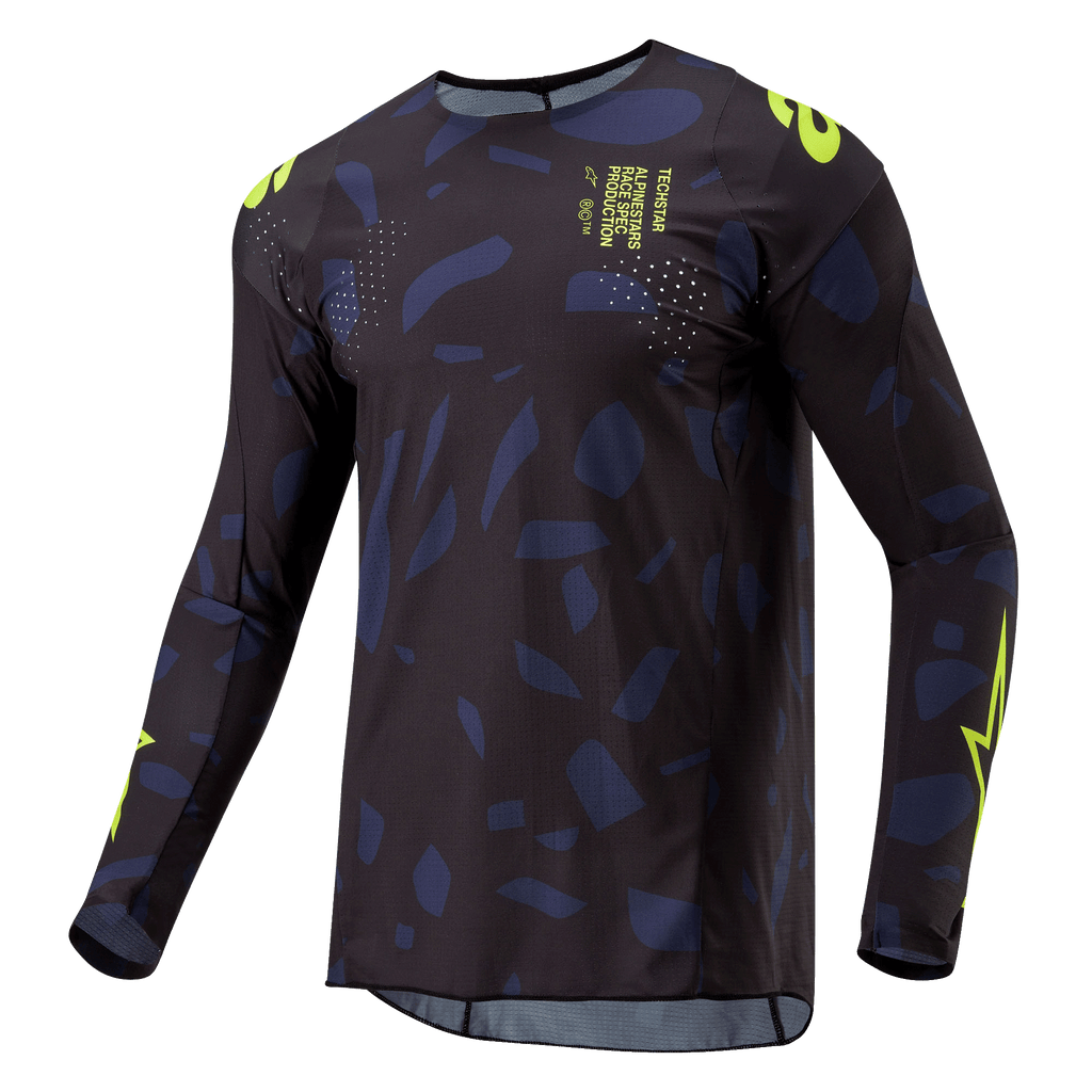 Maillot Alpinestars Techstar Rantera 2024, maillot de motocross, noir, bleu marine et jaune fluo, coupe athlétique à manches longues avec motif abstrait, marquages et détails textuels jaune fluo, conçu pour la performance tout-terrain