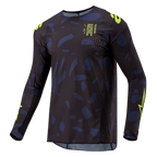 Maillot Alpinestars Techstar Rantera 2024, maillot de motocross, noir, bleu marine et jaune fluo, coupe athlétique à manches longues avec motif abstrait, marquages et détails textuels jaune fluo, conçu pour la performance tout-terrain