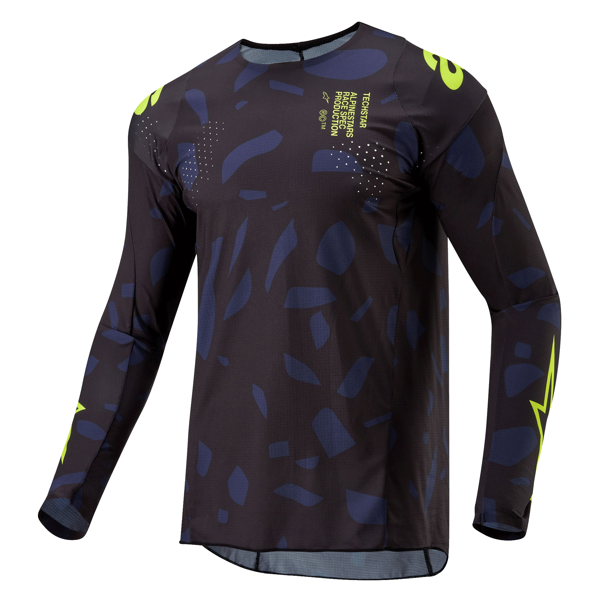 Maillot Alpinestars Techstar Rantera 2024, maillot de motocross, noir, bleu marine et jaune fluo, coupe athlétique à manches longues avec motif abstrait, marquages et détails textuels jaune fluo, conçu pour la performance tout-terrain