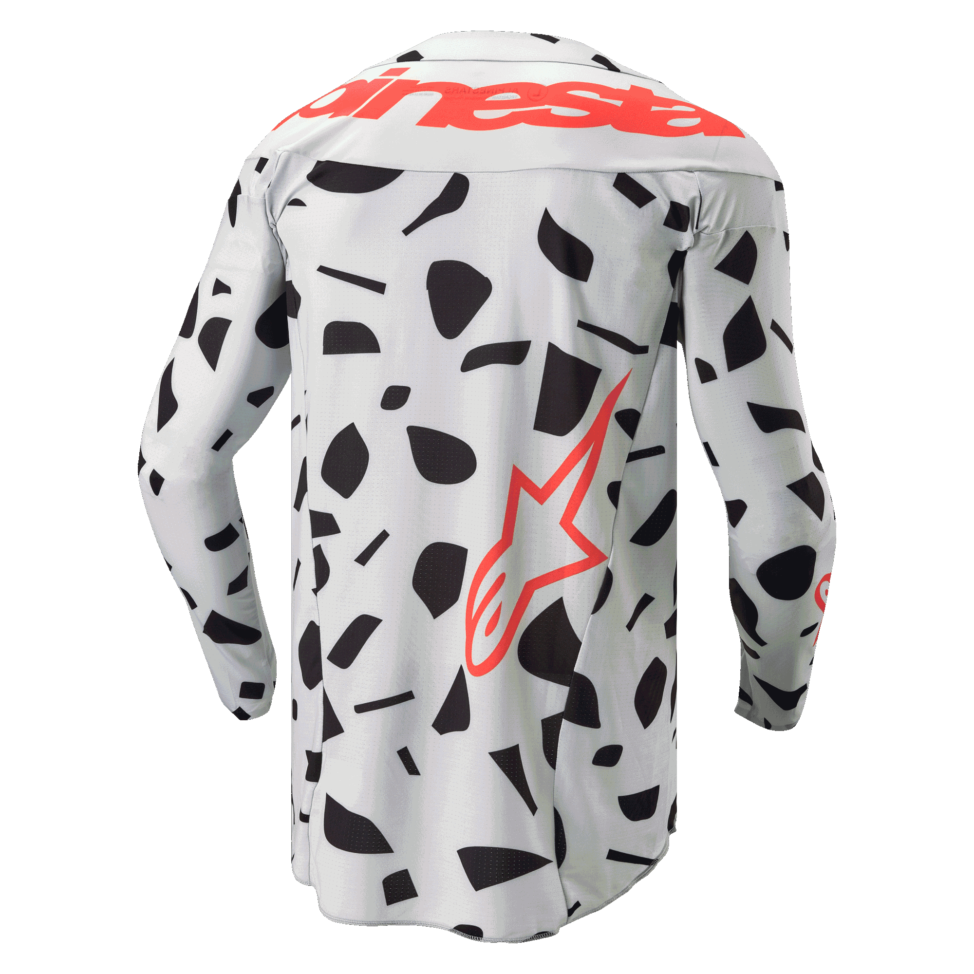 Alpinestars 2024 Techstar Rantera Trikot, Rückansicht, langärmeliges Motocross-Trikot, Haze Gray Camo mit schwarzen abstrakten Mustern, großer roter Alpinestars-Schriftzug über den Schultern und rotes Stern-Logo an der Seite, für Offroad-Performance