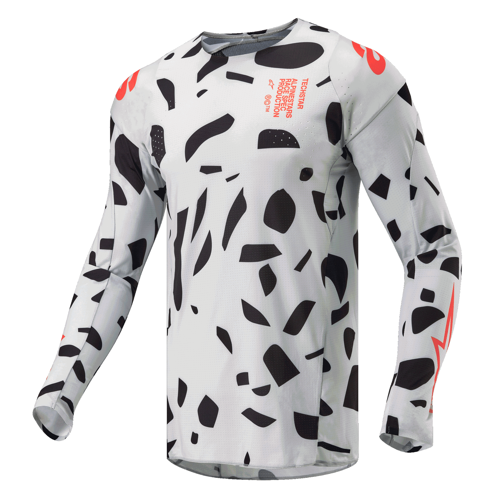 Alpinestars 2024 Techstar Rantera Trikot, Motocross-Trikot, Haze Grau Camo mit schwarzen abstrakten Formen und orangefarbenen Akzenten, langärmelig, technische Offroad-Rennausrüstung