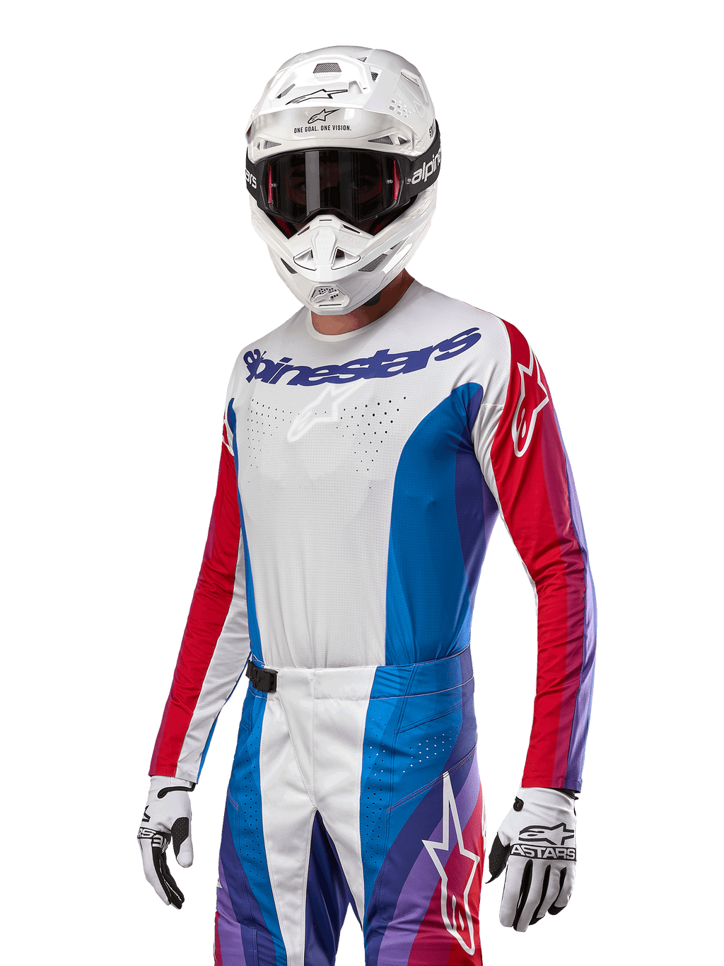 Alpinestars 2024 Techstar Pneuma jersey, motorcross jersey, blauw, Mars rood en wit met paarse accenten, atletische racepasvorm, performancekleding met lange mouwen gedragen met witte helm en handschoenen