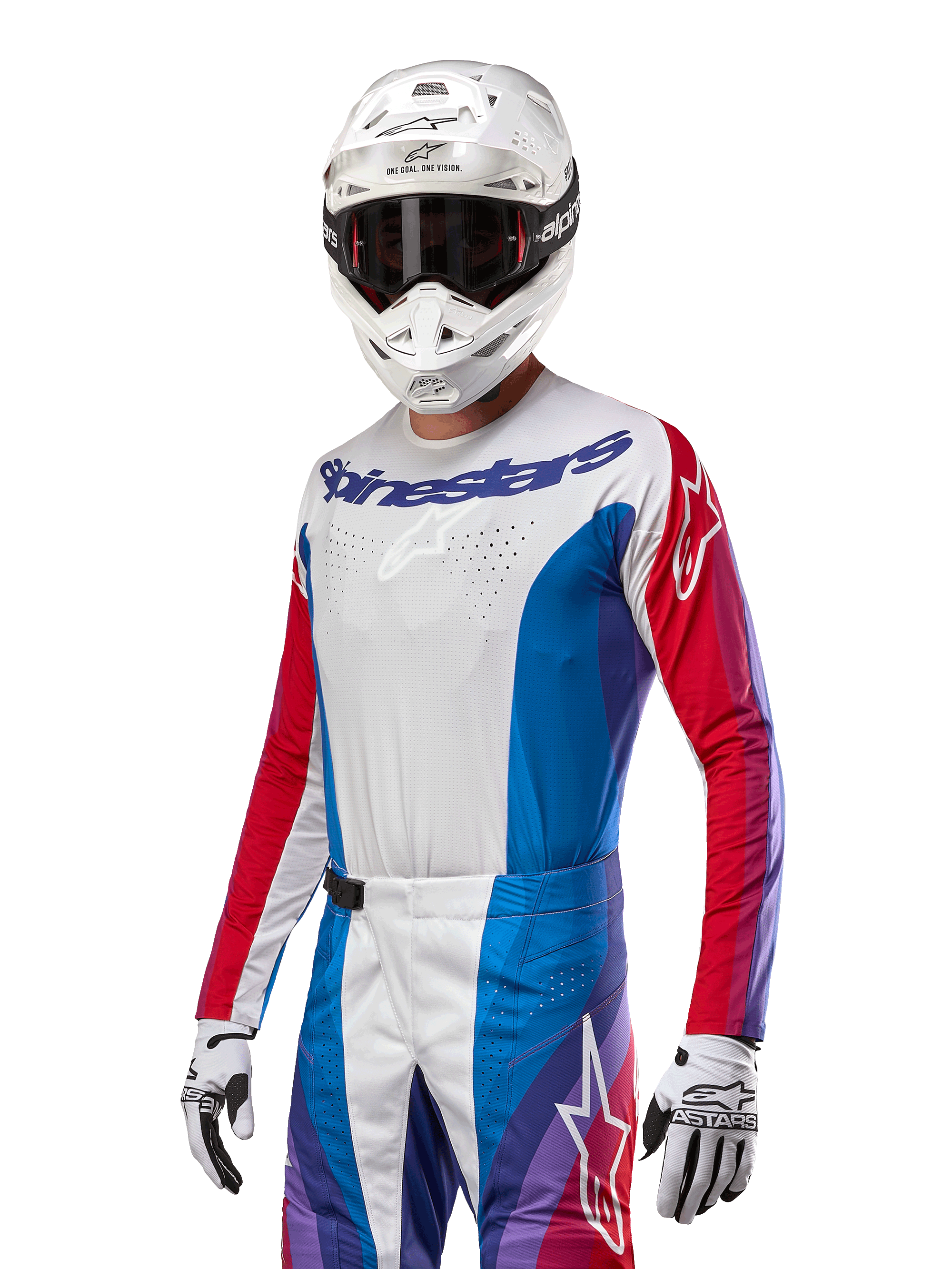 Alpinestars 2024 Techstar Pneuma jersey, motorcross jersey, blauw, Mars rood en wit met paarse accenten, atletische racepasvorm, performancekleding met lange mouwen gedragen met witte helm en handschoenen
