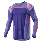 Alpinestars 2024 Techstar Ocuri Jersey, Motocross Jersey, Purple and Hot Orange, long-sleeve athletic fit with laser-cut perforations, bold orange branding on chest and sleeves, moisture-wicking poly-fabric for off-road racing