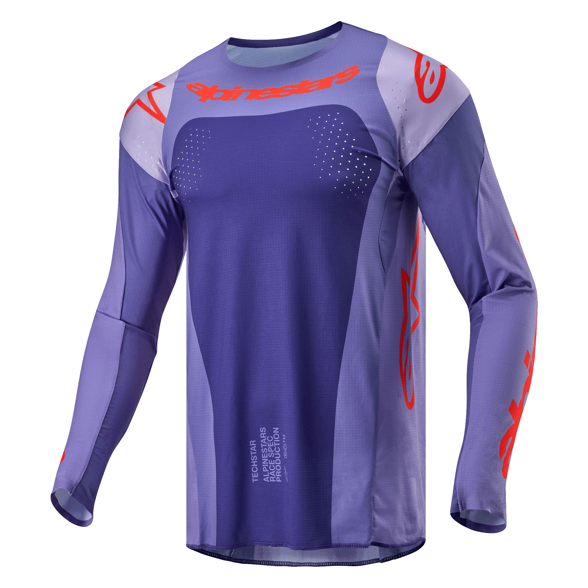 Alpinestars 2024 Techstar Ocuri Jersey, Motocross Jersey, Purple and Hot Orange, long-sleeve athletic fit with laser-cut perforations, bold orange branding on chest and sleeves, moisture-wicking poly-fabric for off-road racing