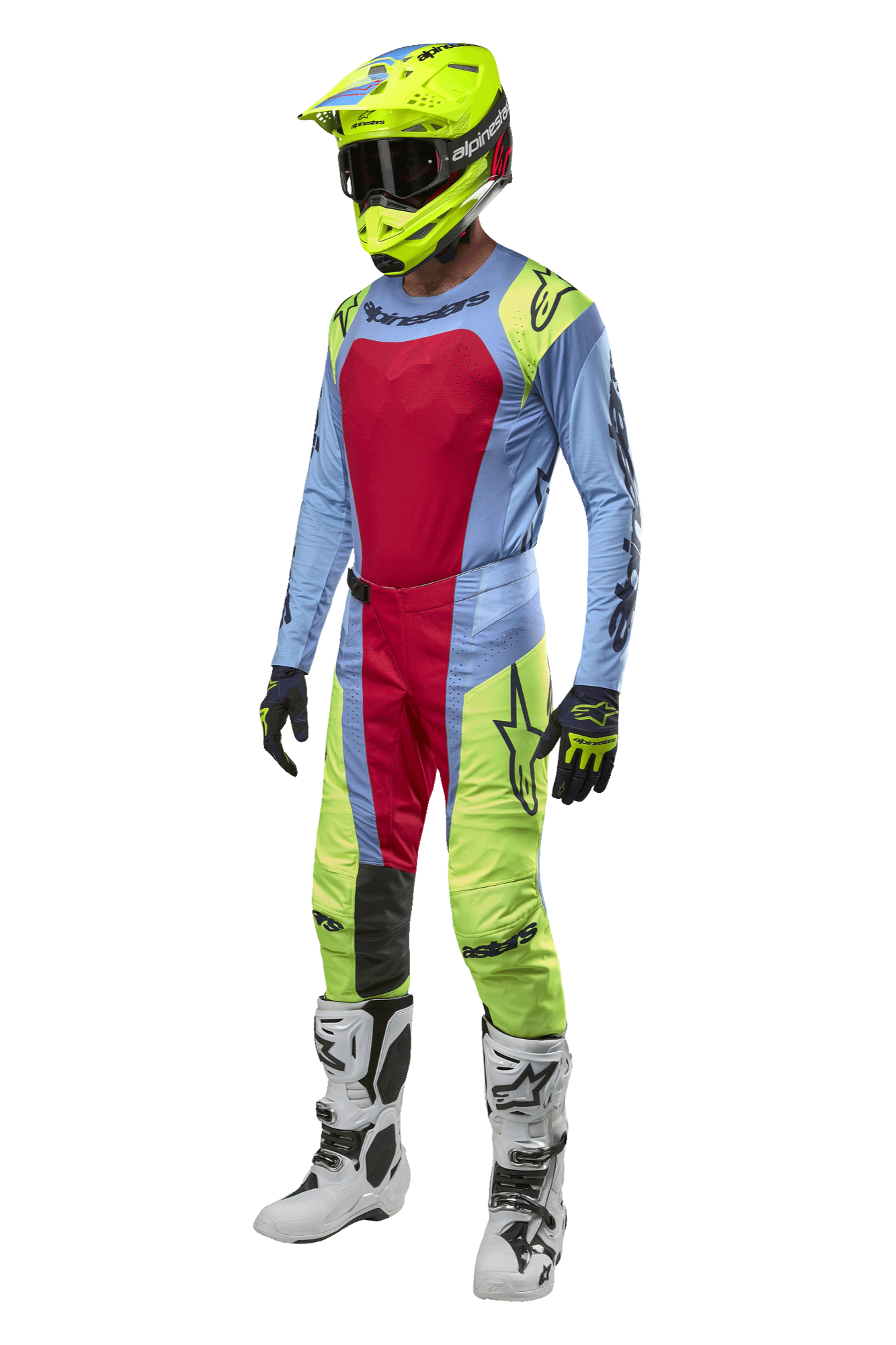 Alpinestars 2024 Techstar Ocuri Jersey en gearset, motorcrossrijder in lichtblauw, fluogeel en bessenrood tenue, inclusief fluogele helm, bijpassende broek en witte laarzen, gecoördineerde race-outfit voor off-road competitie