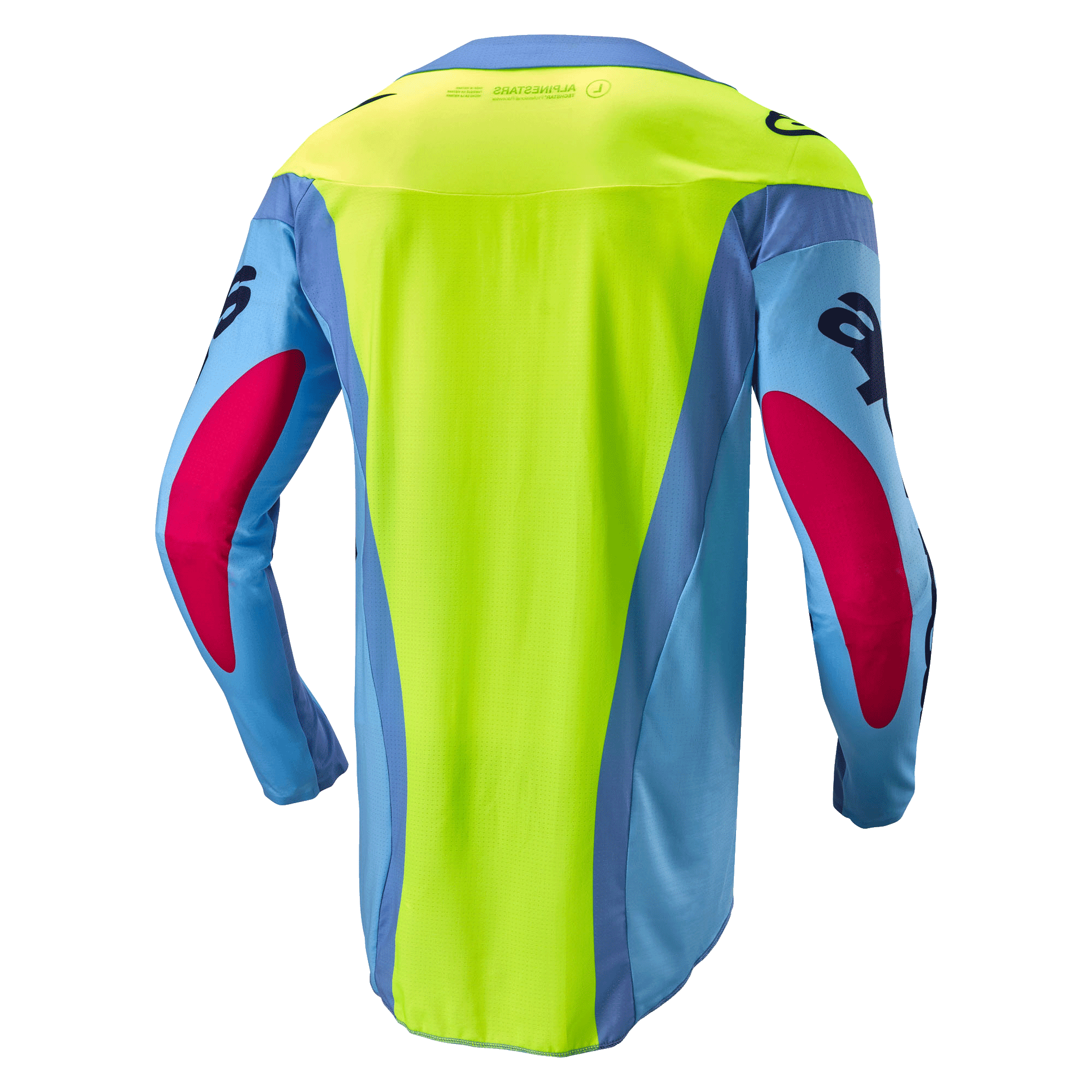 Alpinestars 2024 Techstar Ocuri Jersey, motorcross shirt, lichtblauw, fluogeel en bessenrood, achteraanzicht met een fel neongeel rugpaneel, lichtblauwe mouwen met bessenrode accenten, ergonomische atletische pasvorm voor off-road prestaties.