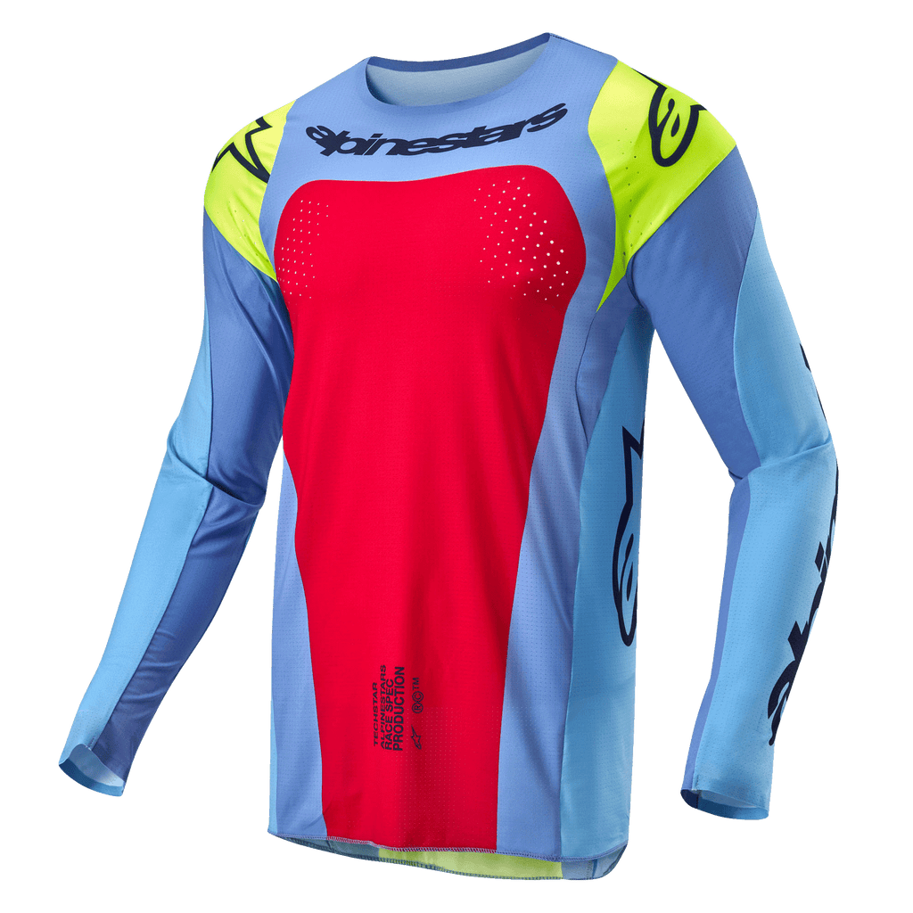 Alpinestars 2024 Techstar Ocuri Jersey, motorcross shirt, lichtblauw met Red Berry en Yellow Fluo accenten, zwarte logo's en lasergesneden perforaties voor ventilatie, atletische racepasvorm voor off-road prestaties