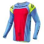 Alpinestars 2024 Techstar Ocuri Jersey, motorcross shirt, lichtblauw met Red Berry en Yellow Fluo accenten, zwarte logo's en lasergesneden perforaties voor ventilatie, atletische racepasvorm voor off-road prestaties