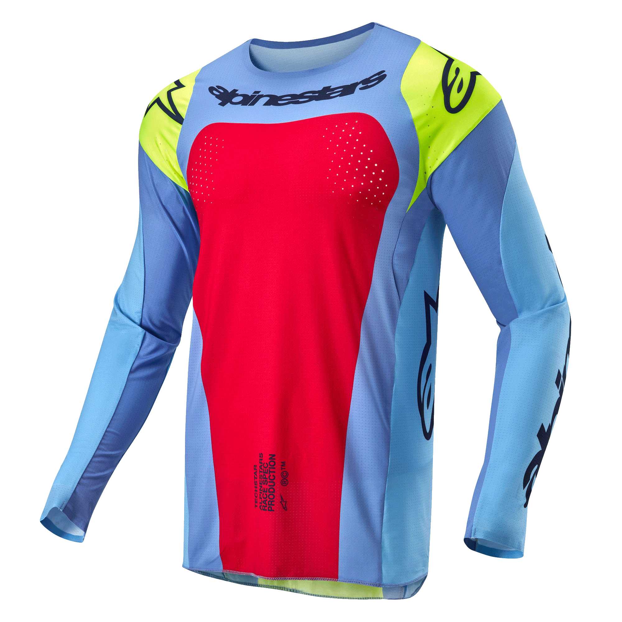 Alpinestars 2024 Techstar Ocuri Jersey, motorcross shirt, lichtblauw met Red Berry en Yellow Fluo accenten, zwarte logo's en lasergesneden perforaties voor ventilatie, atletische racepasvorm voor off-road prestaties