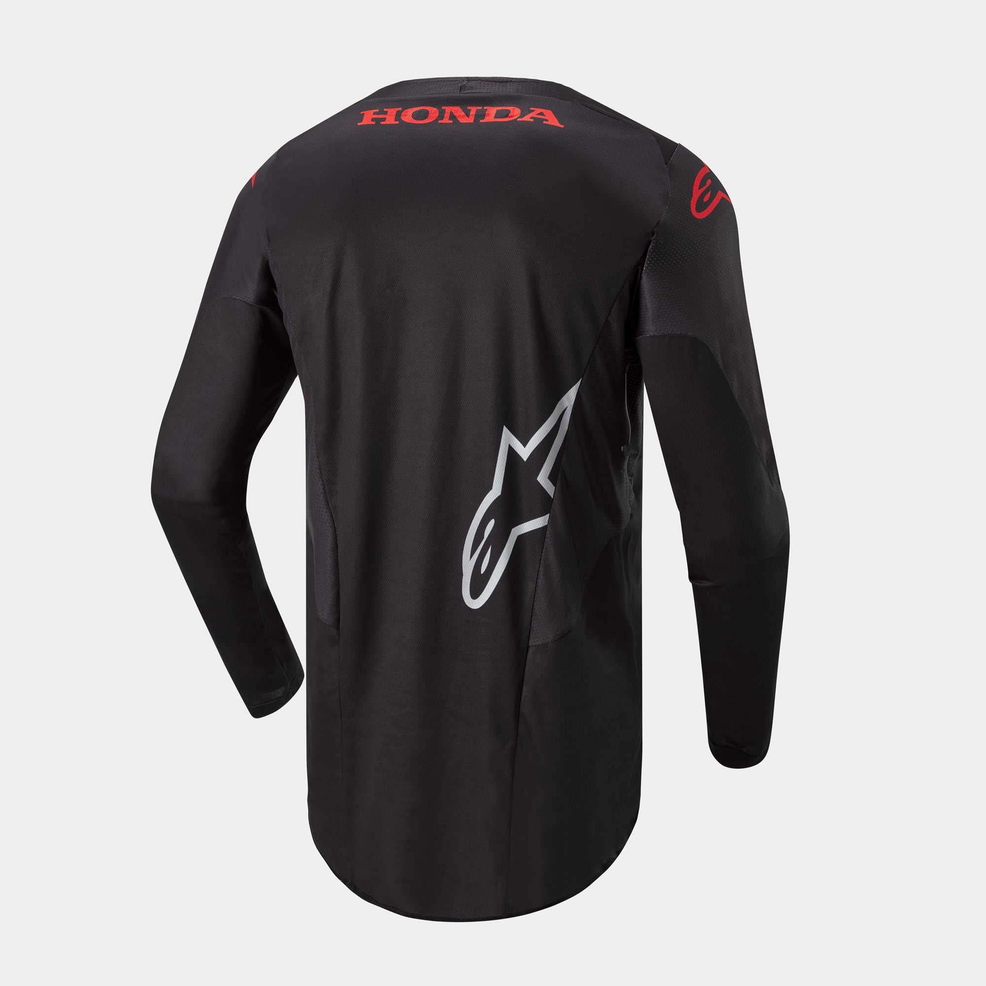 Alpinestars Honda Racer Iconic jersey, heren motorcross jersey met lange mouwen, zwart met rode en witte brandingdetails, achteraanzicht met Honda-logo en Alpinestars-graphics, verlengde achterzoom