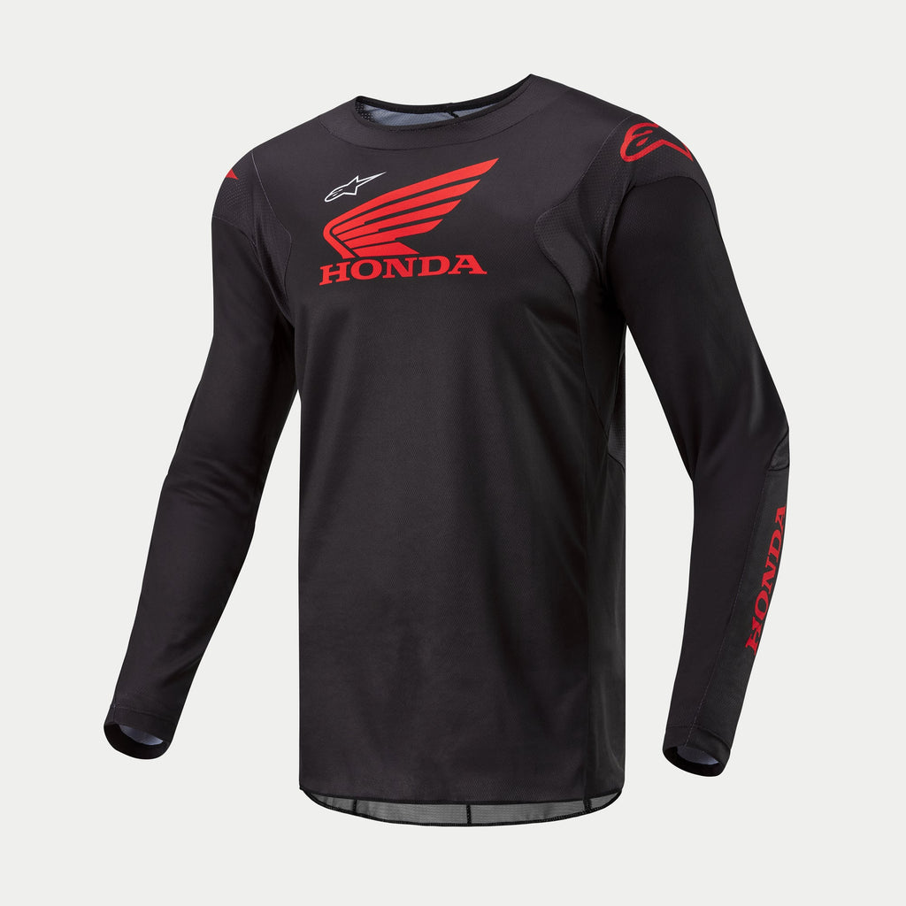 Alpinestars Honda Racer Iconic Jersey, zwart en rood off-road jersey met lange mouwen, officiële Honda-branding, lichtgewicht en vochtafvoerend materiaal