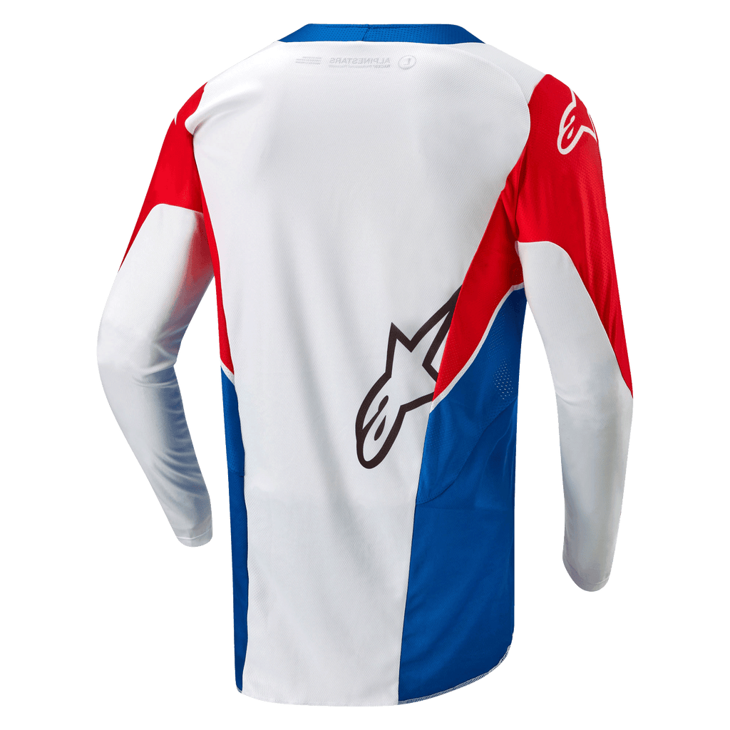 Alpinestars Honda Racer Iconic Jersey, motorcross off-road jersey, wit, helderblauw en helderrood, achteraanzicht met verlengde achterkant en lichtgewicht vocht afvoerende constructie