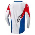 Alpinestars Honda Racer Iconic Jersey, motorcross off-road jersey, wit, helderblauw en helderrood, achteraanzicht met verlengde achterkant en lichtgewicht vocht afvoerende constructie