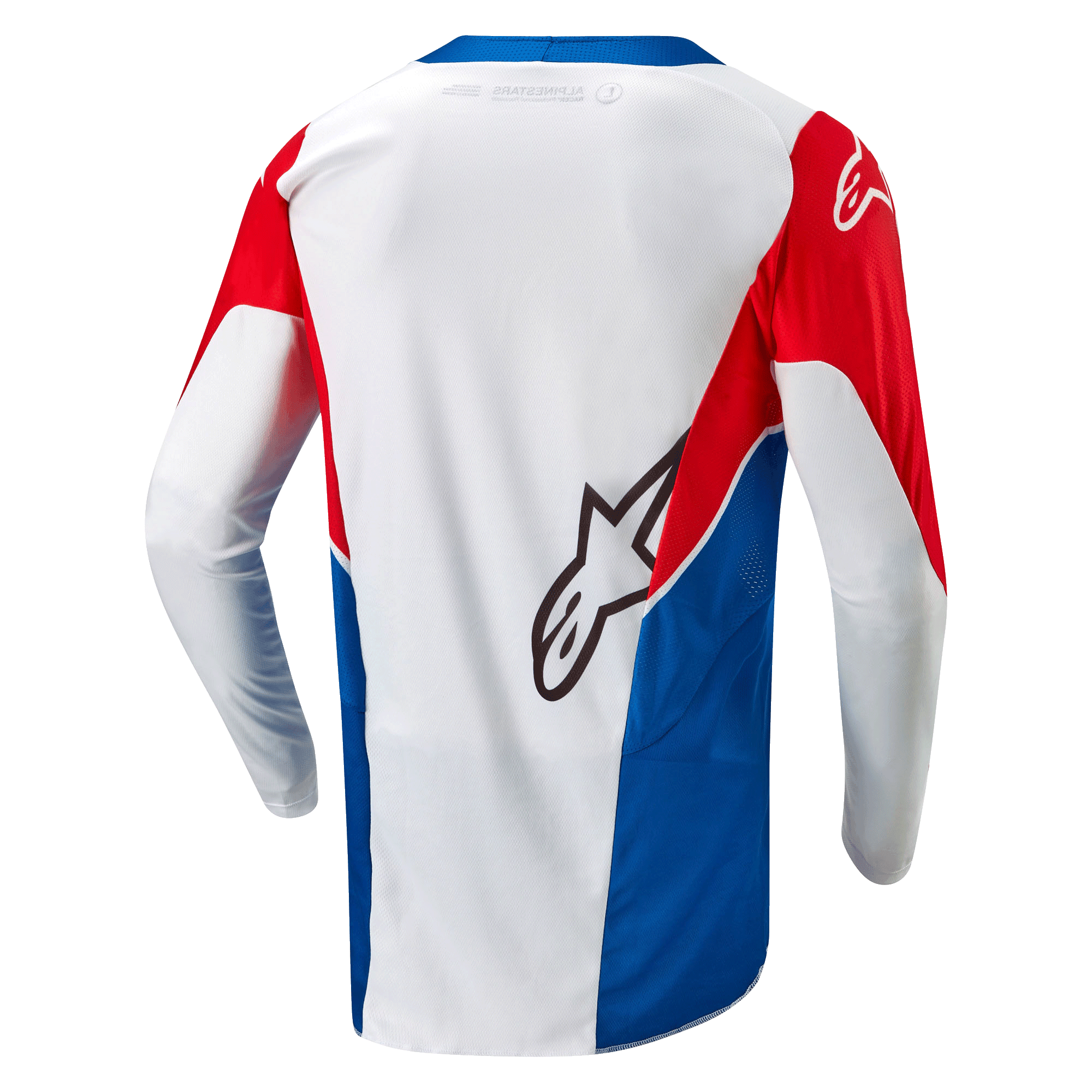 Alpinestars Honda Racer Iconic Jersey, motorcross off-road jersey, wit, helderblauw en helderrood, achteraanzicht met verlengde achterkant en lichtgewicht vocht afvoerende constructie