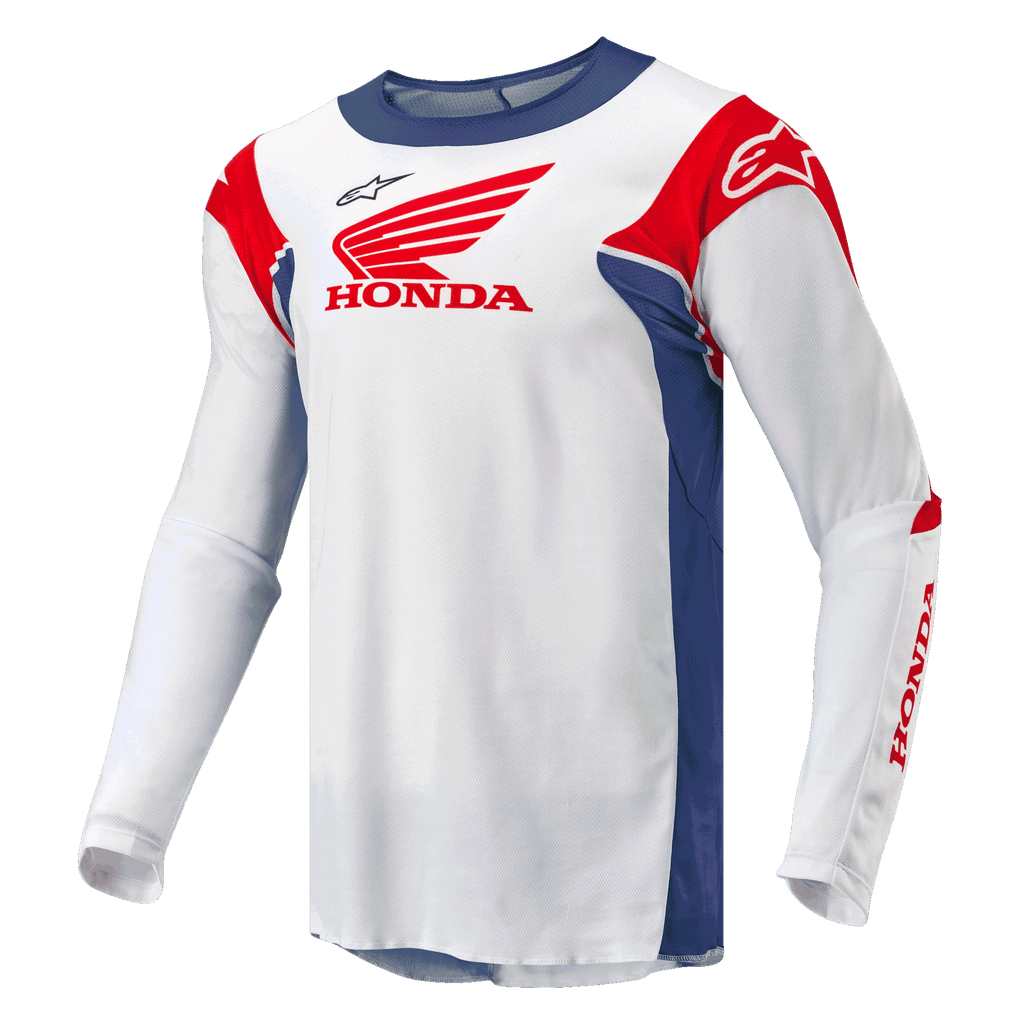 Alpinestars Honda Racer Iconic Jersey, heren motocross off-road jersey, wit met helderblauw en helderrode accenten, vochtafvoerende synthetische constructie met officiële Honda-branding