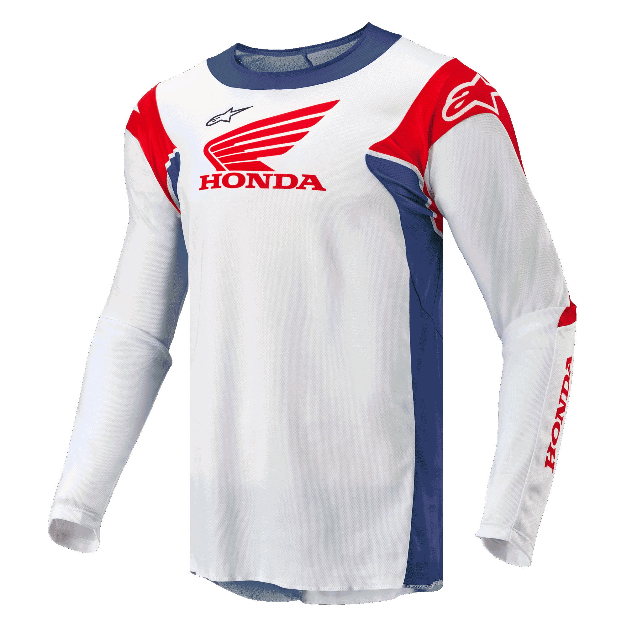 Alpinestars Honda Racer Iconic Jersey, heren motocross off-road jersey, wit met helderblauw en helderrode accenten, vochtafvoerende synthetische constructie met officiële Honda-branding