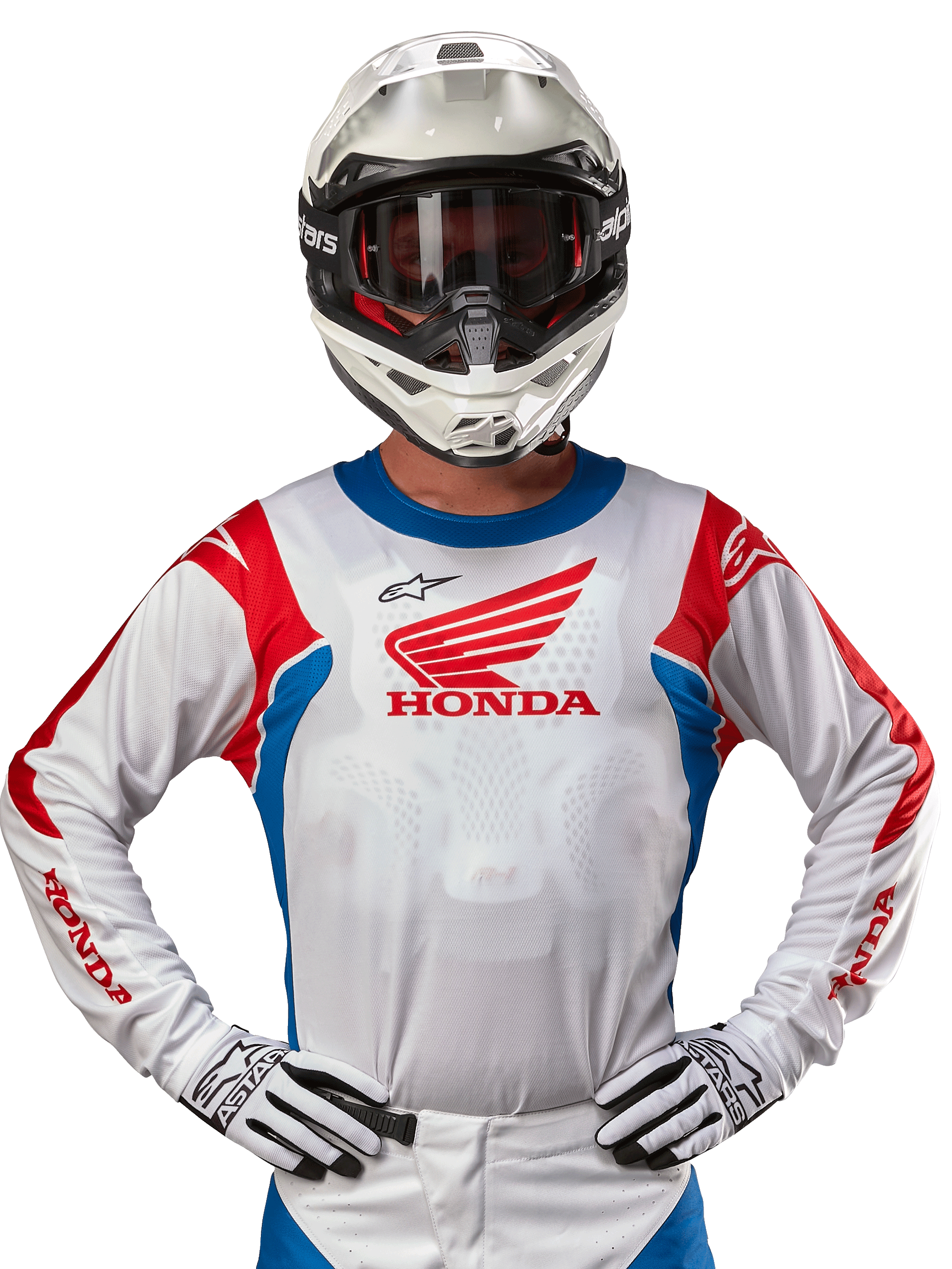 Honda Racer Iconic Trikot, weißes Motocross-Trikot mit rotem Honda-Logo und leuchtend blauen und roten Akzenten, getragen von einem Fahrer mit weißem Helm und Handschuhen, Performance-Ausrüstung für Offroad- und Motocross-Rennsport