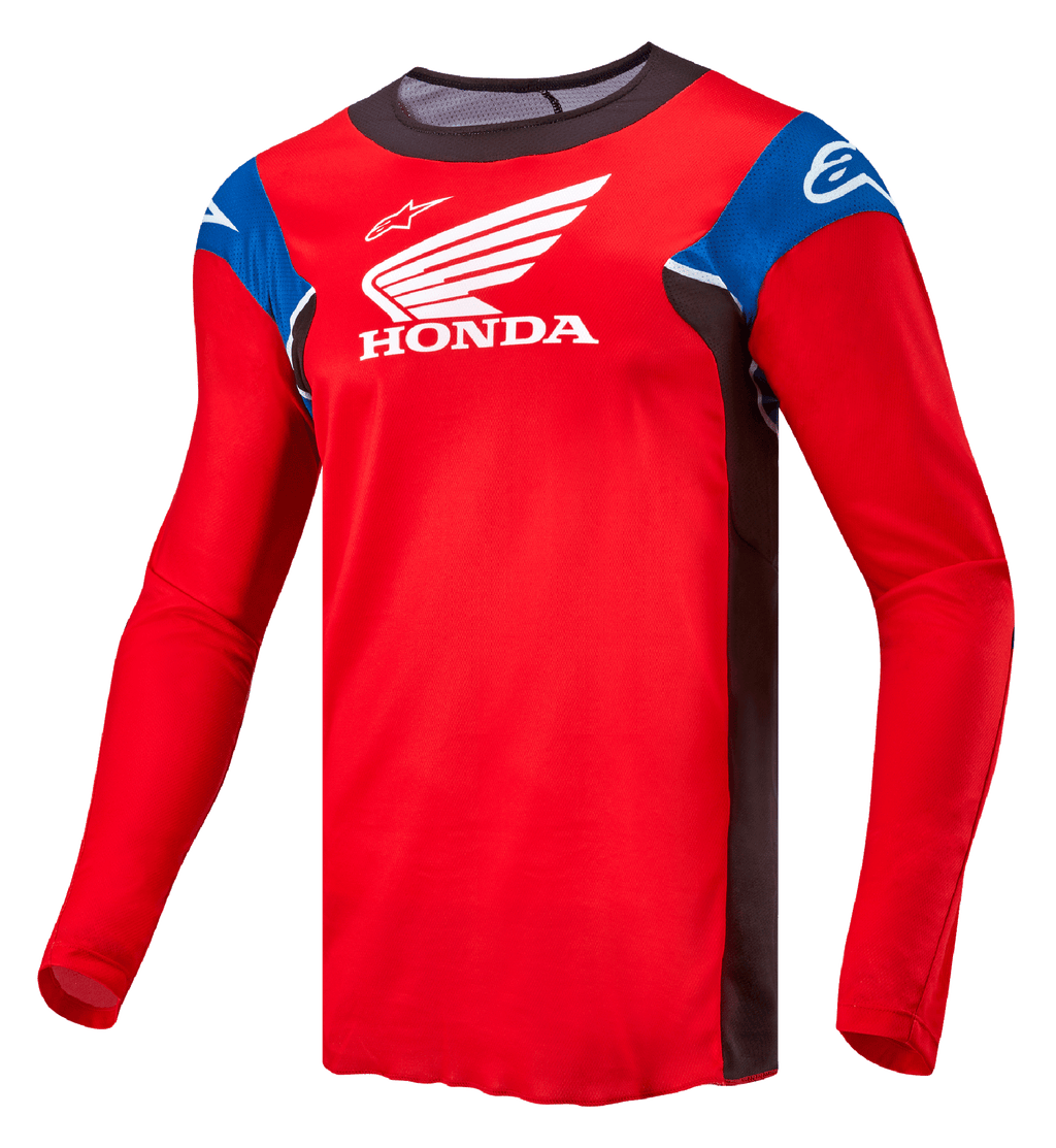 Alpinestars Honda Racer Iconic Jersey, langdurig motocross-shirt voor heren, felrood met zwarte, blauwe en witte accenten, met Honda- en Alpinestars-logo's