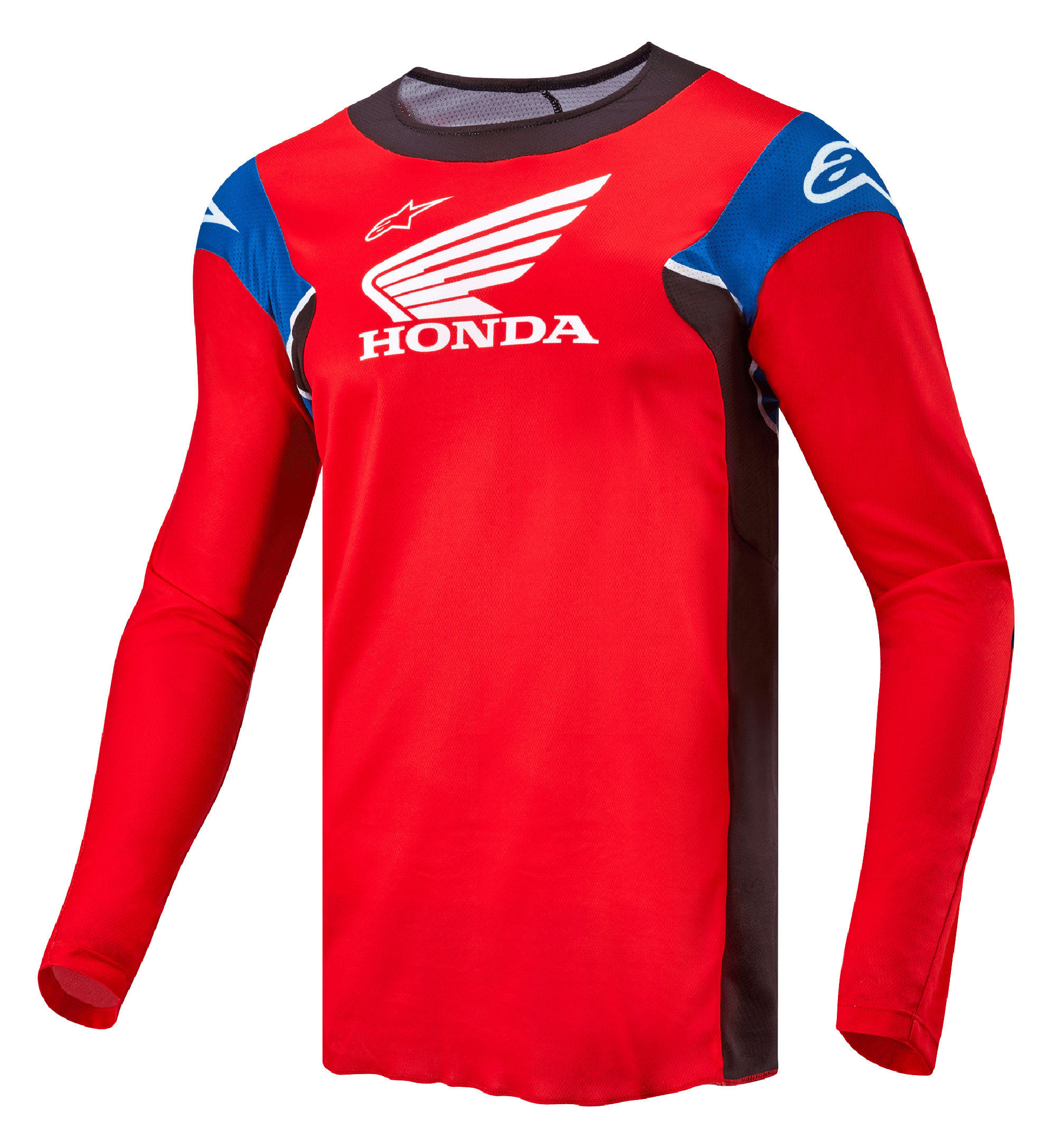 Alpinestars Honda Racer Iconic Jersey, langdurig motocross-shirt voor heren, felrood met zwarte, blauwe en witte accenten, met Honda- en Alpinestars-logo's