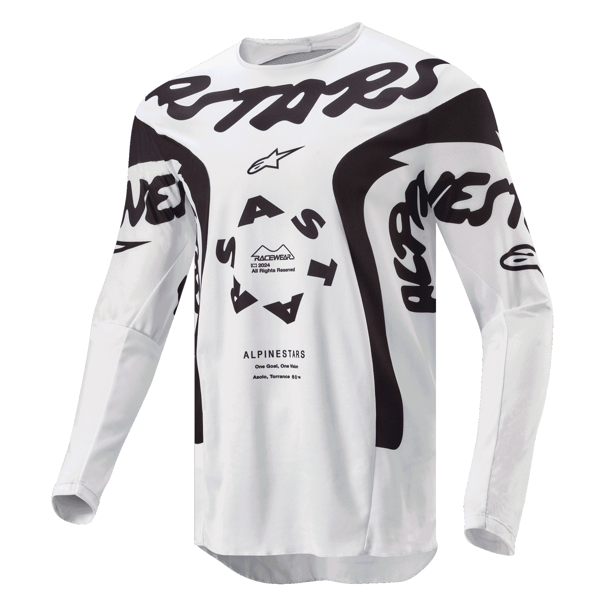 Alpinestars 2024 Racer Hana Trikot, Motocross-Trikot, Weiß und Schwarz, mit auffälligem schwarzem Alpinestars-Branding auf der Brust, kreisförmigem ASTARS-Logo und technischen Mesh-Einsätzen für Offroad-Performance.
