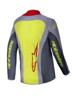 Alpinestars 2025 Youth Racer Melt Trikot, Motocross-Trikot, Hellrot-Grau, Rückansicht mit großem neongelben Einsatz und rotem Alpinestars-Logo, graue Ärmel mit neongelbem Branding, roter Kragen, technische sportliche Passform für den Offroad-Rennsport