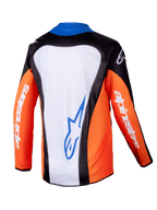 Alpinestars 2025 Youth Racer Melt Trikot, Motocross-Trikot, Orange, Blau und Weiß, Rückansicht mit weißem Rückenteil und blauem Logo, orangefarbene Ärmel mit weißem Branding, ergonomisches Design für den Jugend-Offroad-Sport