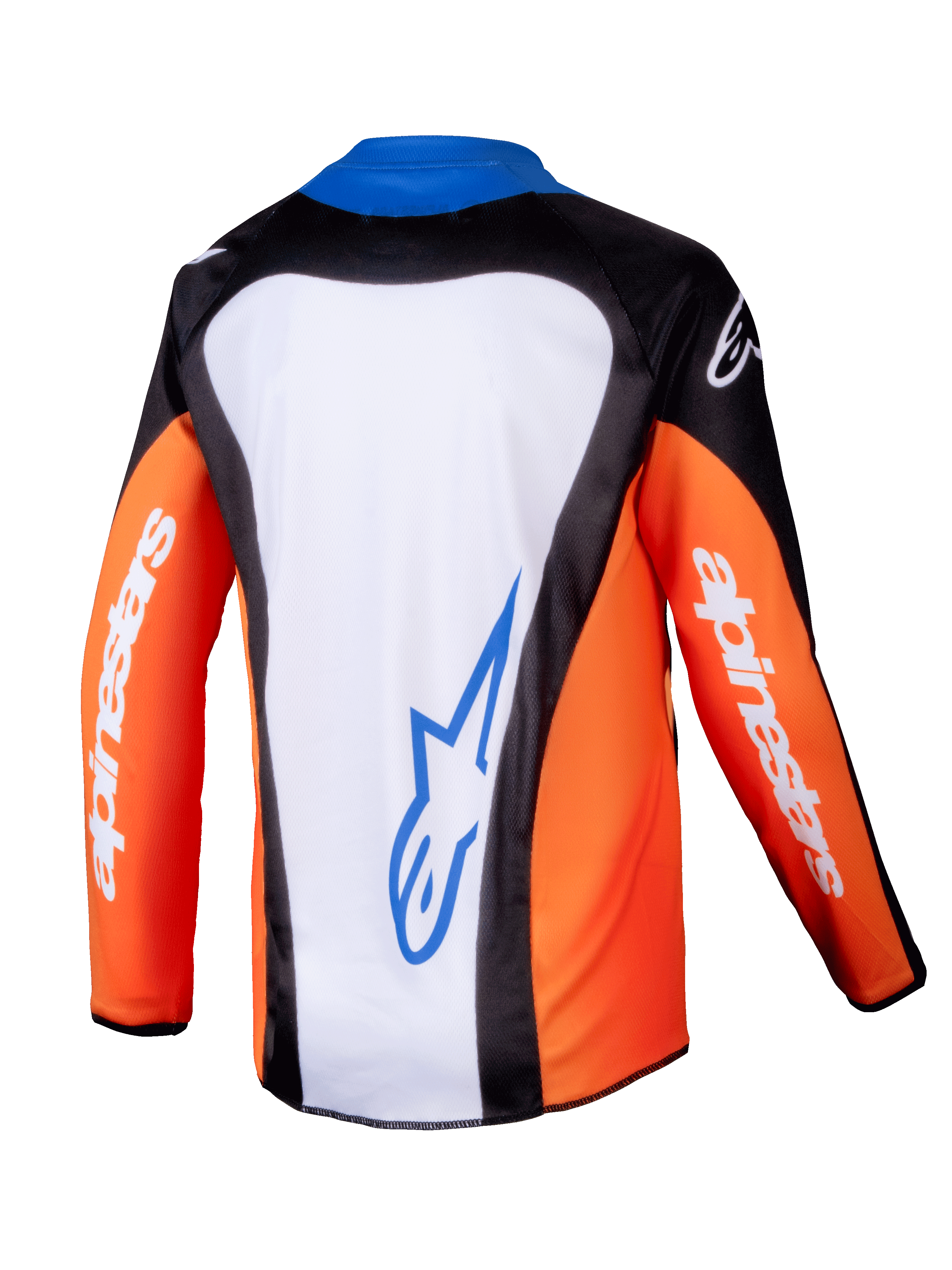 Alpinestars 2025 Youth Racer Melt Trikot, Motocross-Trikot, Orange, Blau und Weiß, Rückansicht mit weißem Rückenteil und blauem Logo, orangefarbene Ärmel mit weißem Branding, ergonomisches Design für den Jugend-Offroad-Sport