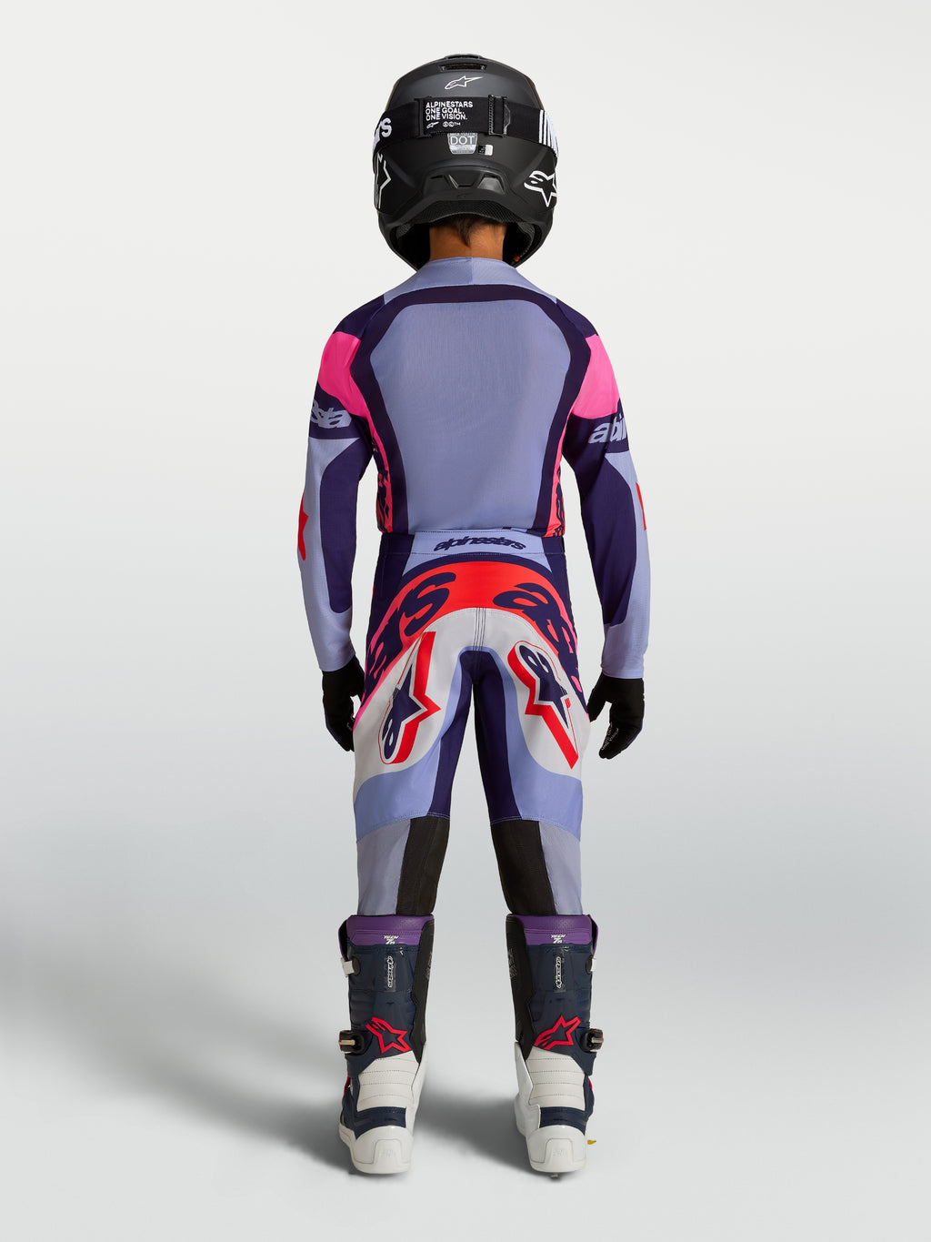 Alpinestars Jeugd Supertech Dyna Gear Set, paars en roze motocross-outfit met lichtgewicht stretchmesh jersey, achteraanzicht.