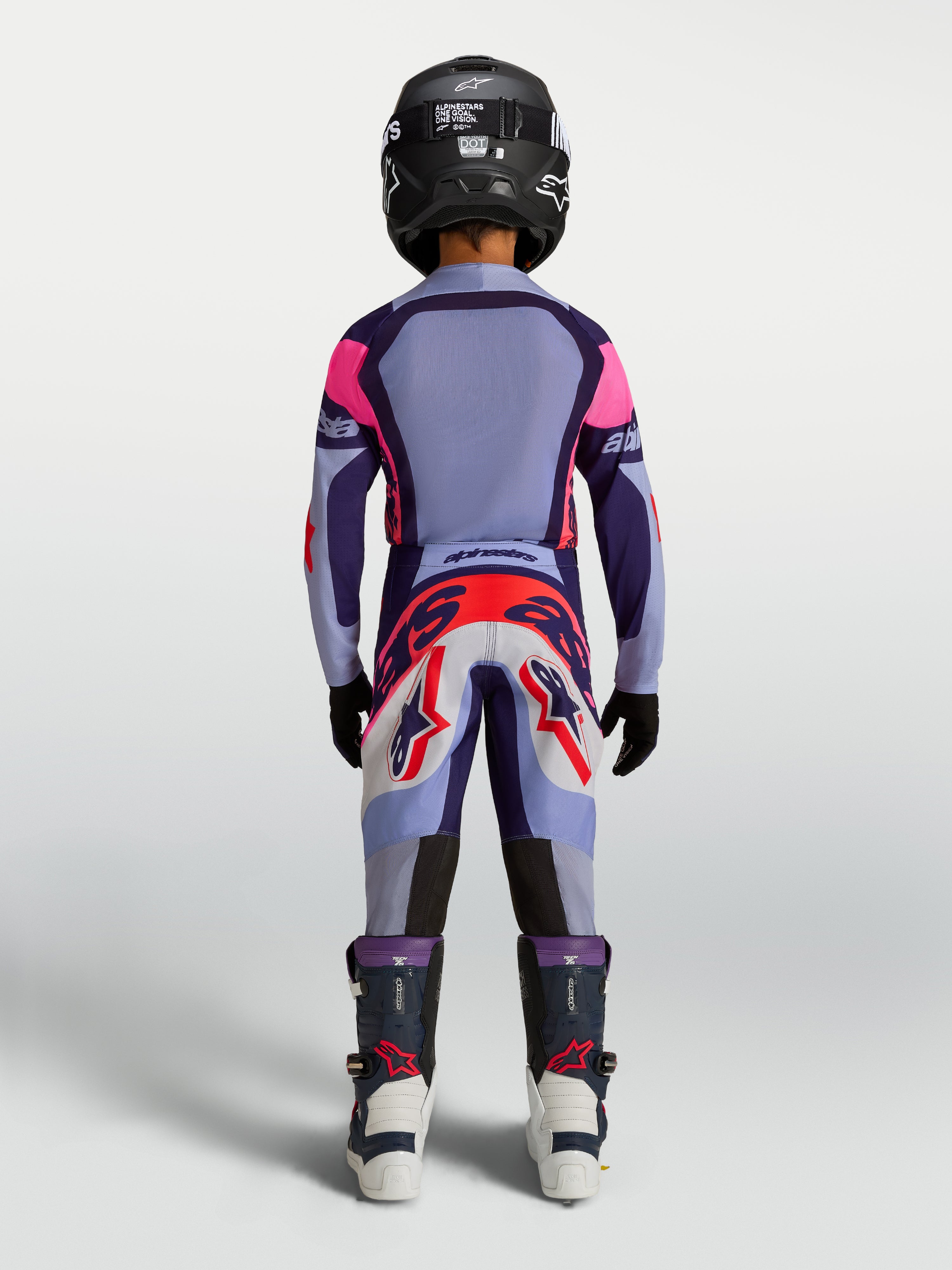 Alpinestars Jeugd Supertech Dyna Gear Set, paars en roze motocross-outfit met lichtgewicht stretchmesh jersey, achteraanzicht.
