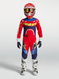 Alpinestars Jeugd Supertech Dyna jersey en kledingset, rood en donkerblauw motorcrossoutfit voor jonge rijders.