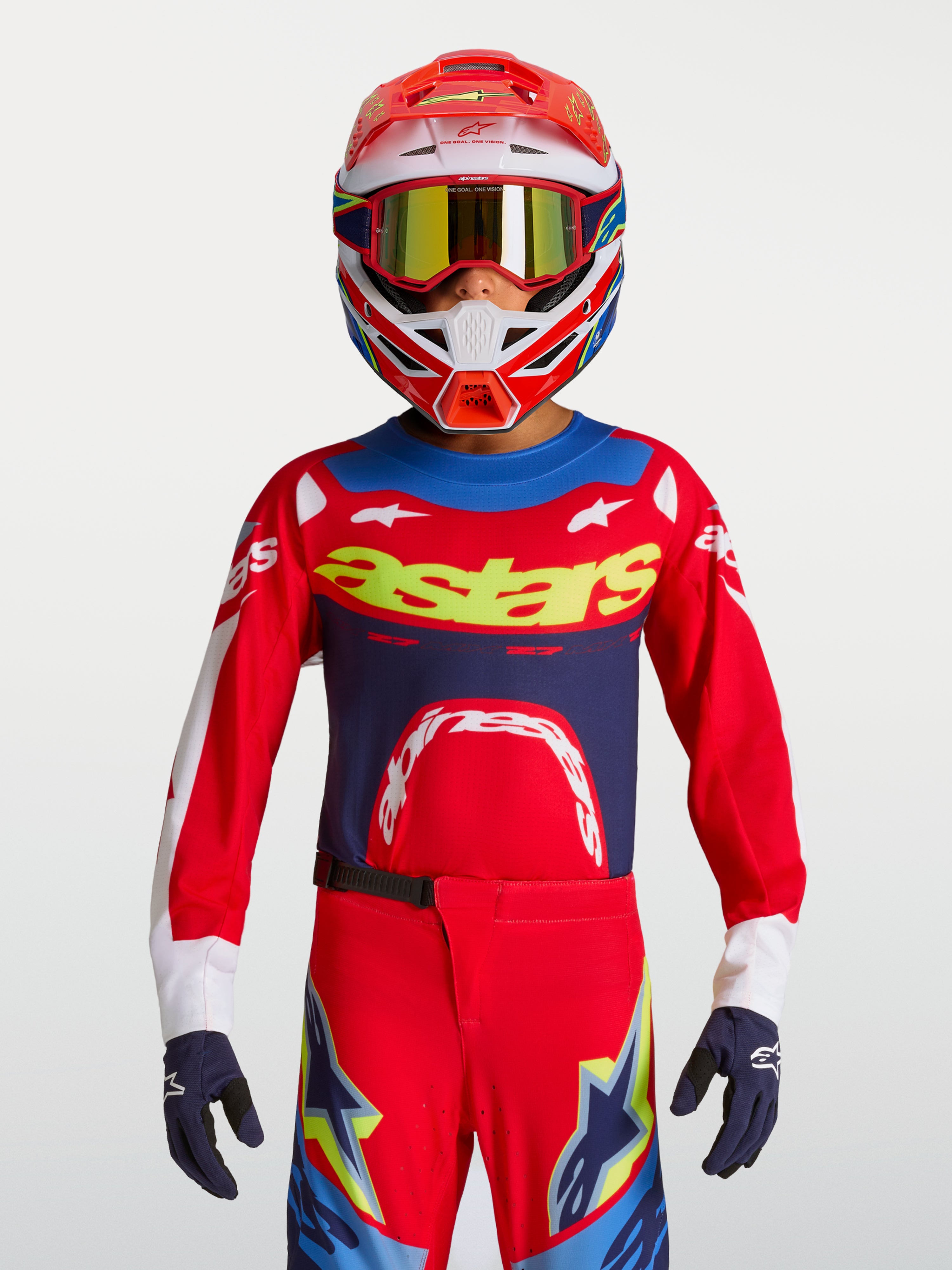 Maillot Supertech Dyna Junior 2027, maillot de motocross rouge et bleu marine en mesh respirant pour junior.
