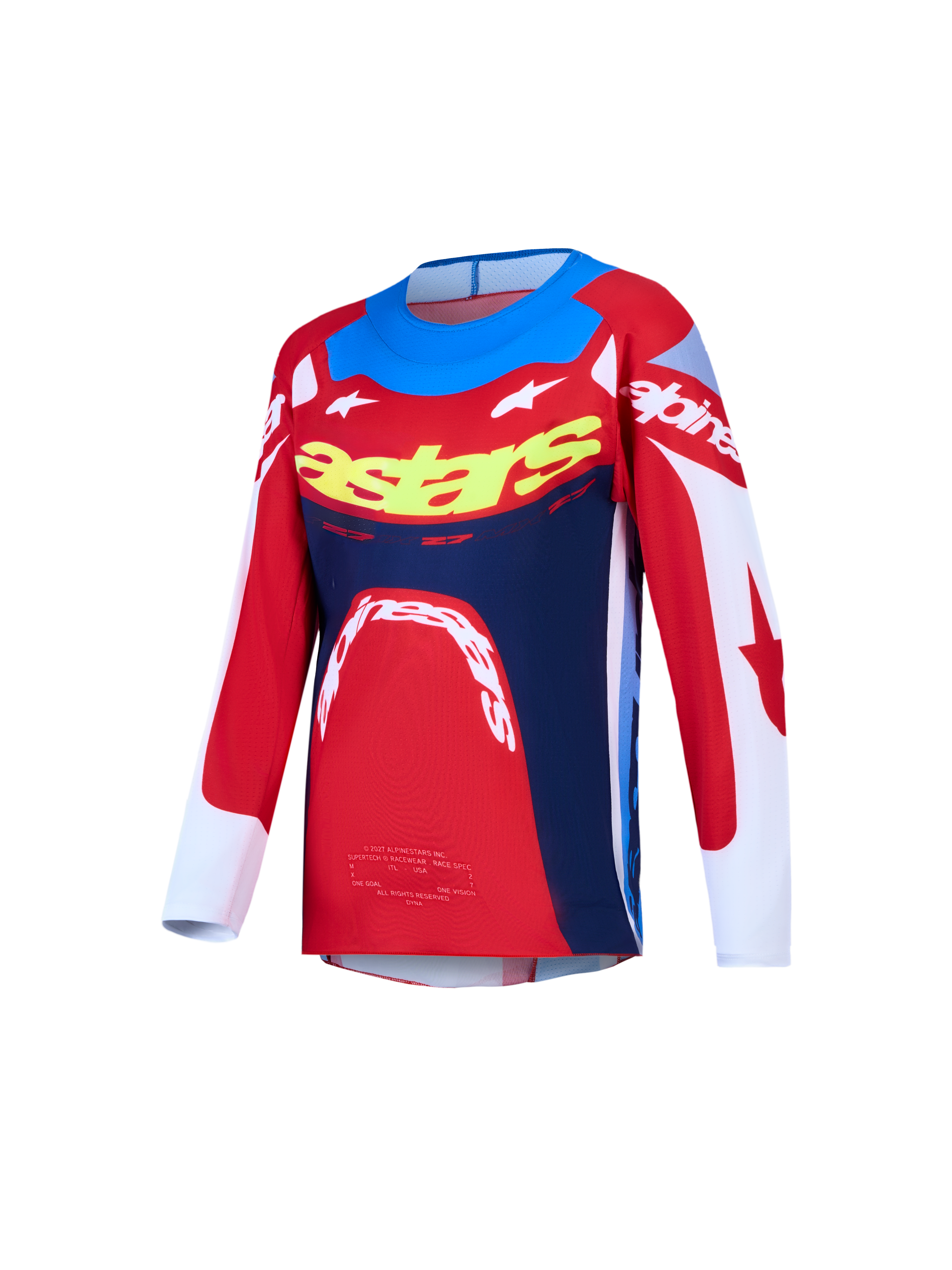 Alpinestars Jeugd Supertech Dyna jersey, motocrosstop, rood en blauw, ademende stretchmesh en atletische racepasvorm.