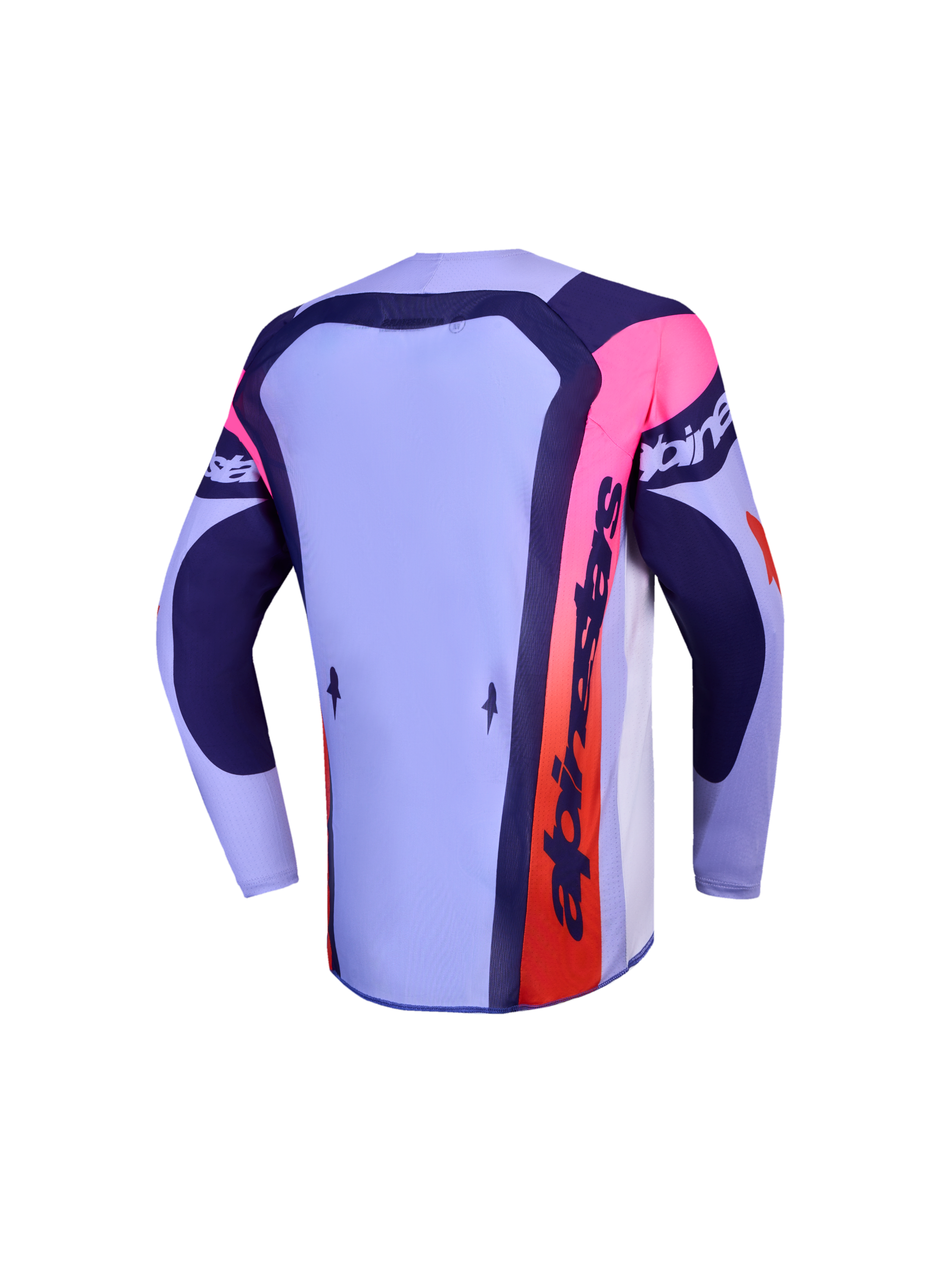 Alpinestars Youth Supertech Dyna, maillot de motocross junior, lavande et bleu marine avec détails roses, vue de dos.