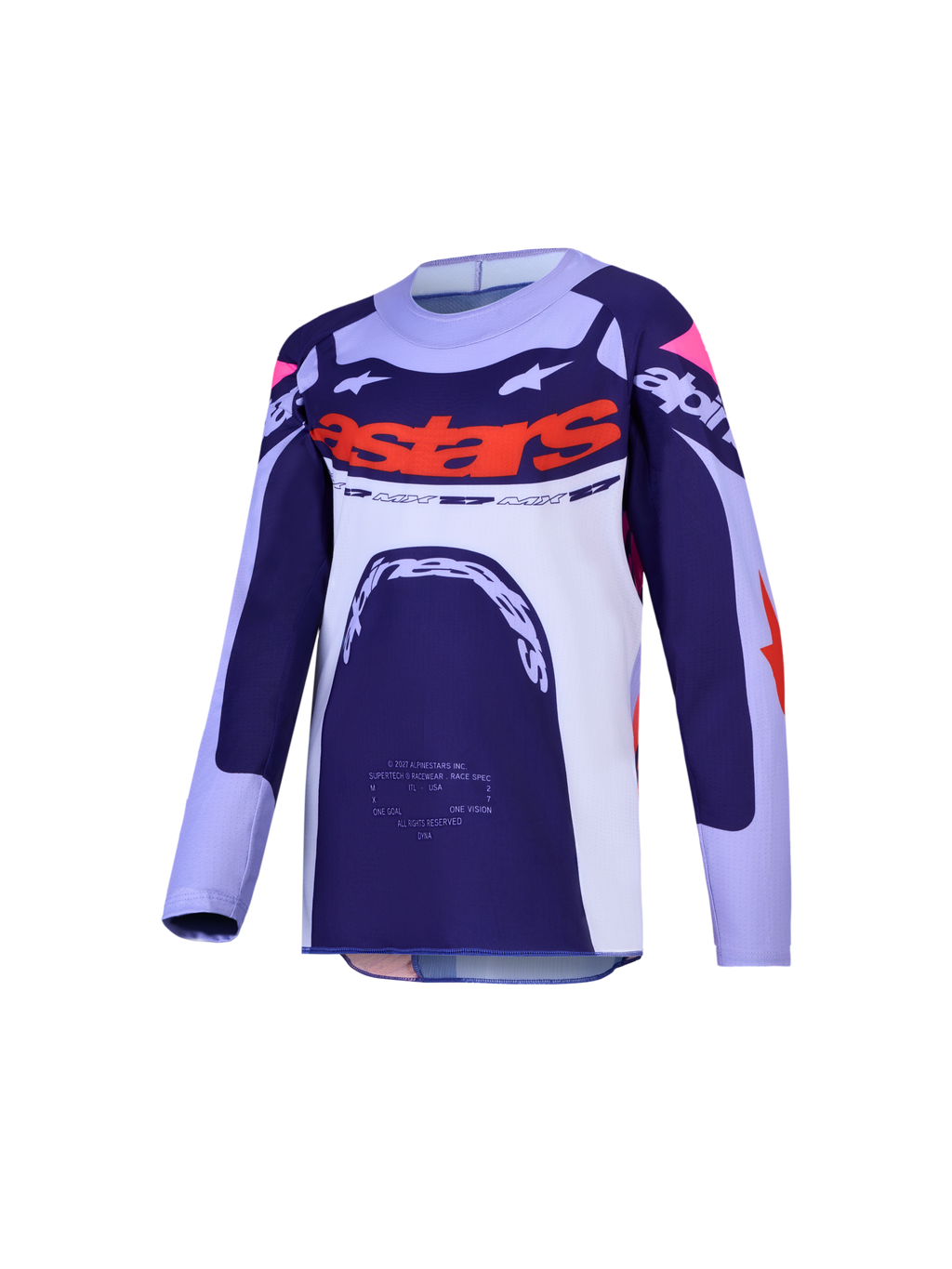 Alpinestars Supertech Dyna, maillot de motocross pour junior, bleu marine et blanc avec détails orange, équipement tout-terrain.