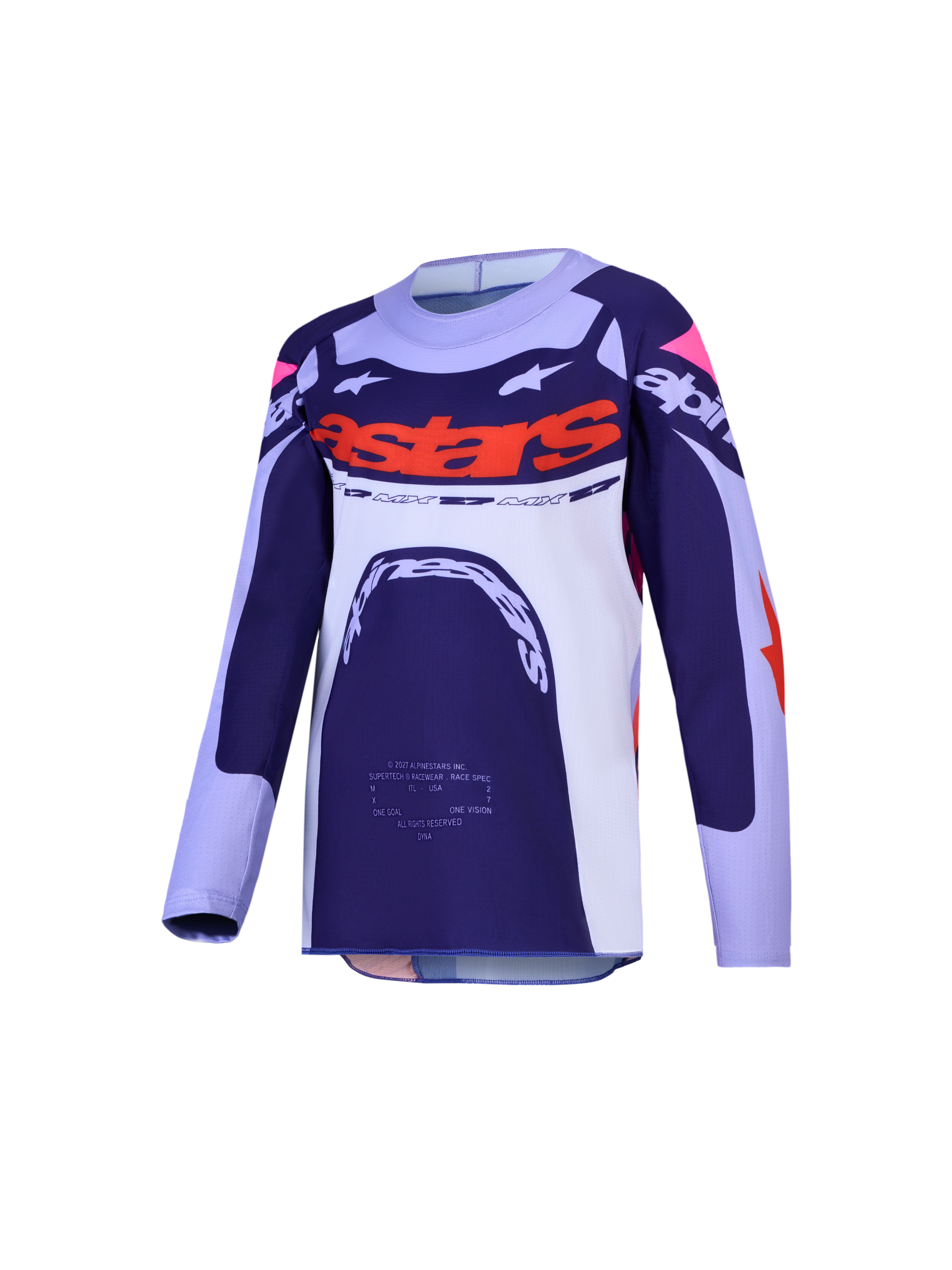 Alpinestars Supertech Dyna, maillot de motocross pour junior, bleu marine et blanc avec détails orange, équipement tout-terrain.