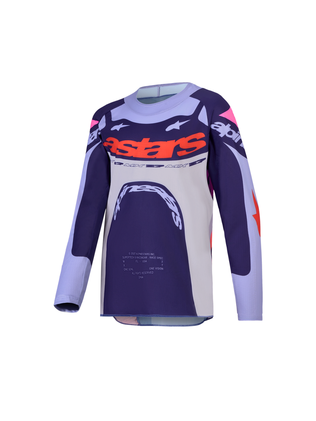 Alpinestars Jeugd Supertech Dyna jersey 2027, paars en fluo roze motocross-racejersey van ademend stretchmesh.