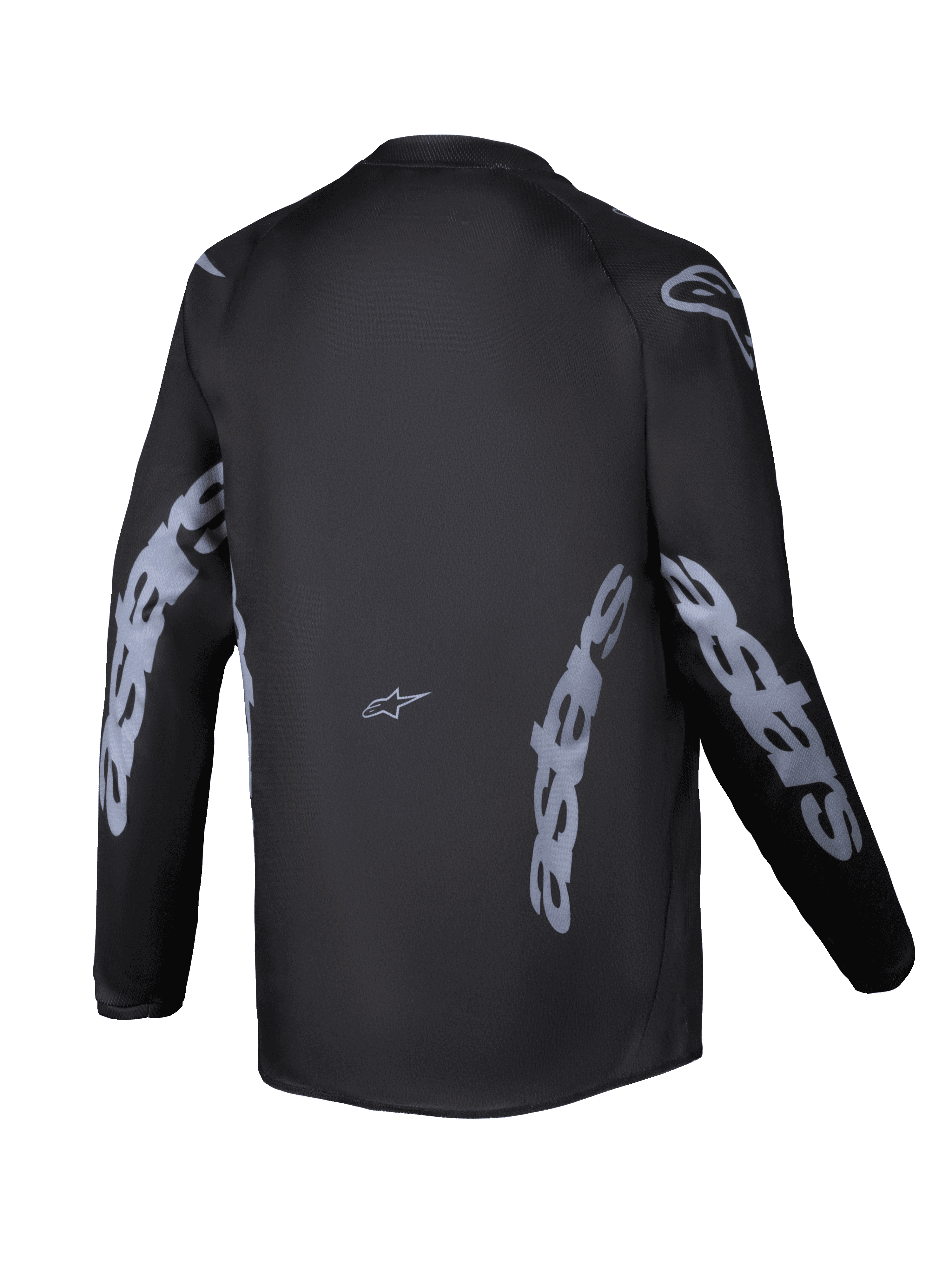 Alpinestars 2025 Youth Racer Graphite Jersey, Back View, Black and Gray, Long sleeve motocross jersey featuring gray Alpinestars branding on sleeves and sides, moisture-wicking fabric with a drop tail for off-road riding