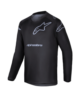 Alpinestars 2025 Youth Racer Graphite Trikot, schwarz-graues Langarm-Motocross-Jersey für Jugendliche, mit grauem Stern-Logo und Markennamen, leichte Performance-Ausrüstung für Offroad-Fahrten