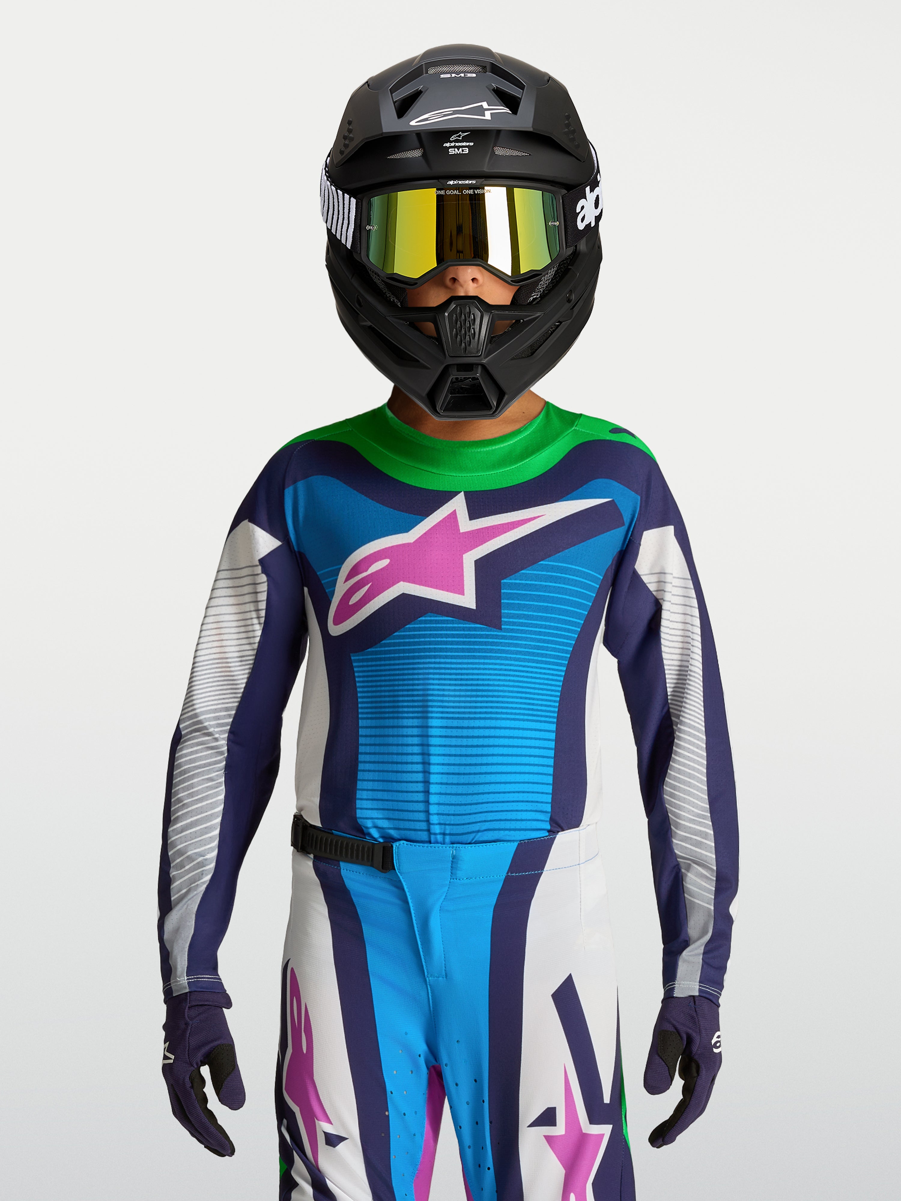 Alpinestars maillot Supertech Maven Junior 2027, maillot de motocross bleu et blanc pour enfant, idéal pour la compétition.