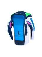 Alpinestars jeugd Supertech Maven jersey, blauw en wit motocrossjersey, achteraanzicht met ventilatie en atletische pasvorm.