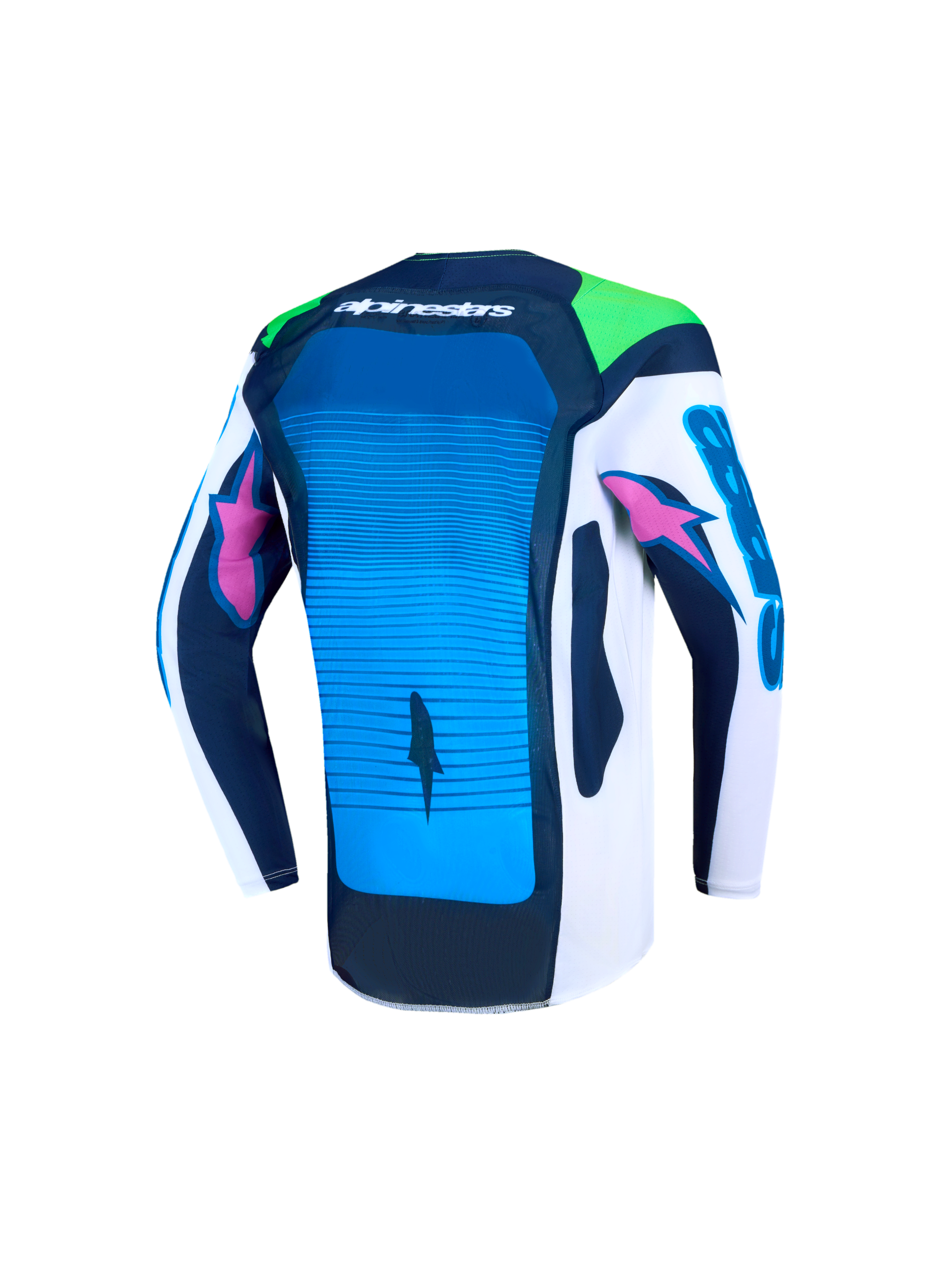 Alpinestars jeugd Supertech Maven jersey, blauw en wit motocrossjersey, achteraanzicht met ventilatie en atletische pasvorm.