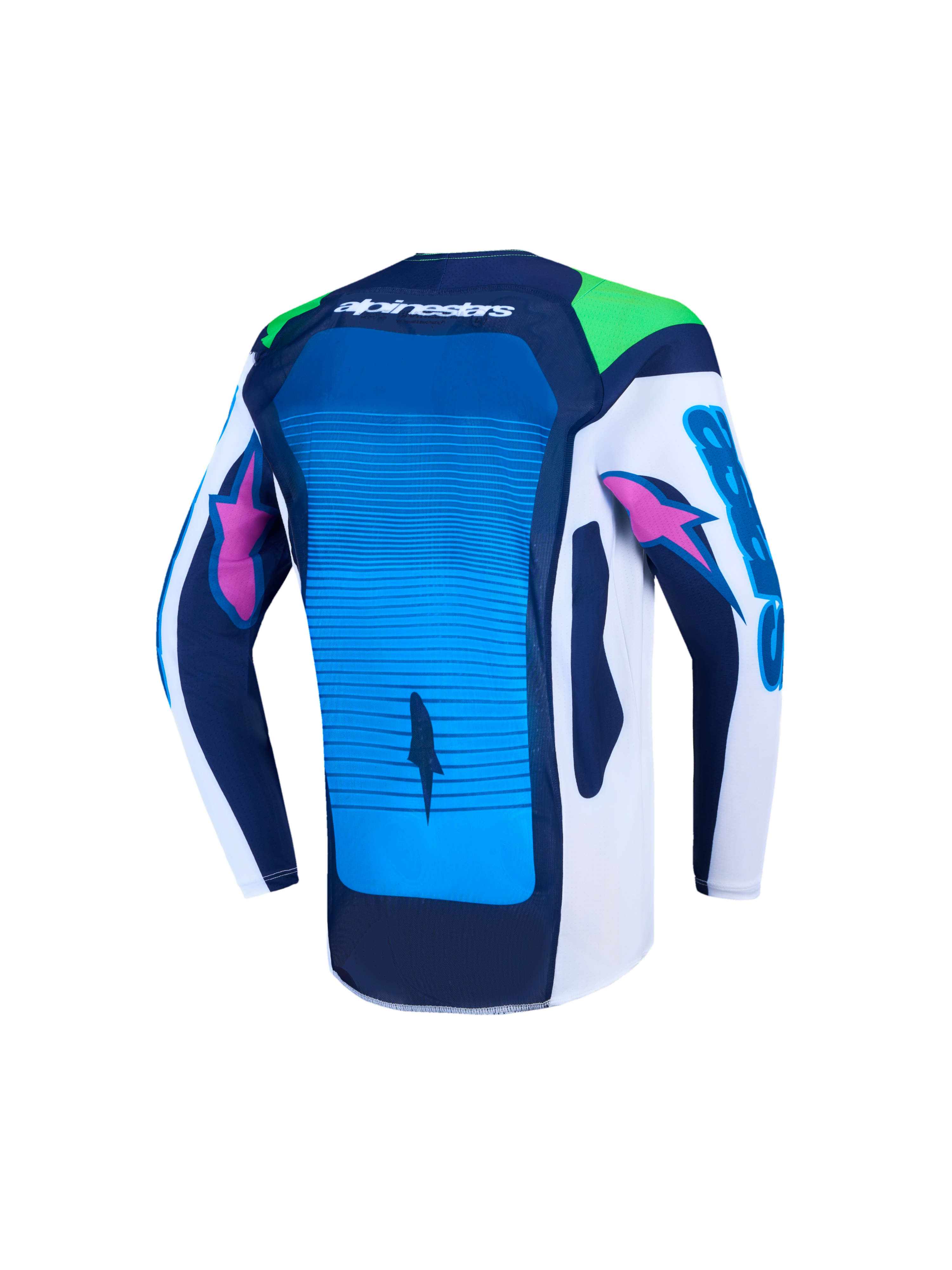 Alpinestars Jeugd Supertech Maven Jersey, motocrossjersey, blauw en wit, achteraanzicht met ademend stretchmesh.