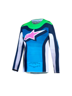 Alpinestars Jeugd Supertech Maven jersey 2027, blauwe en groene motorcrossjersey voor kinderen, roze logo, ademend stretchmesh met lasergesneden perforaties, atletische racepasvorm voor MX.