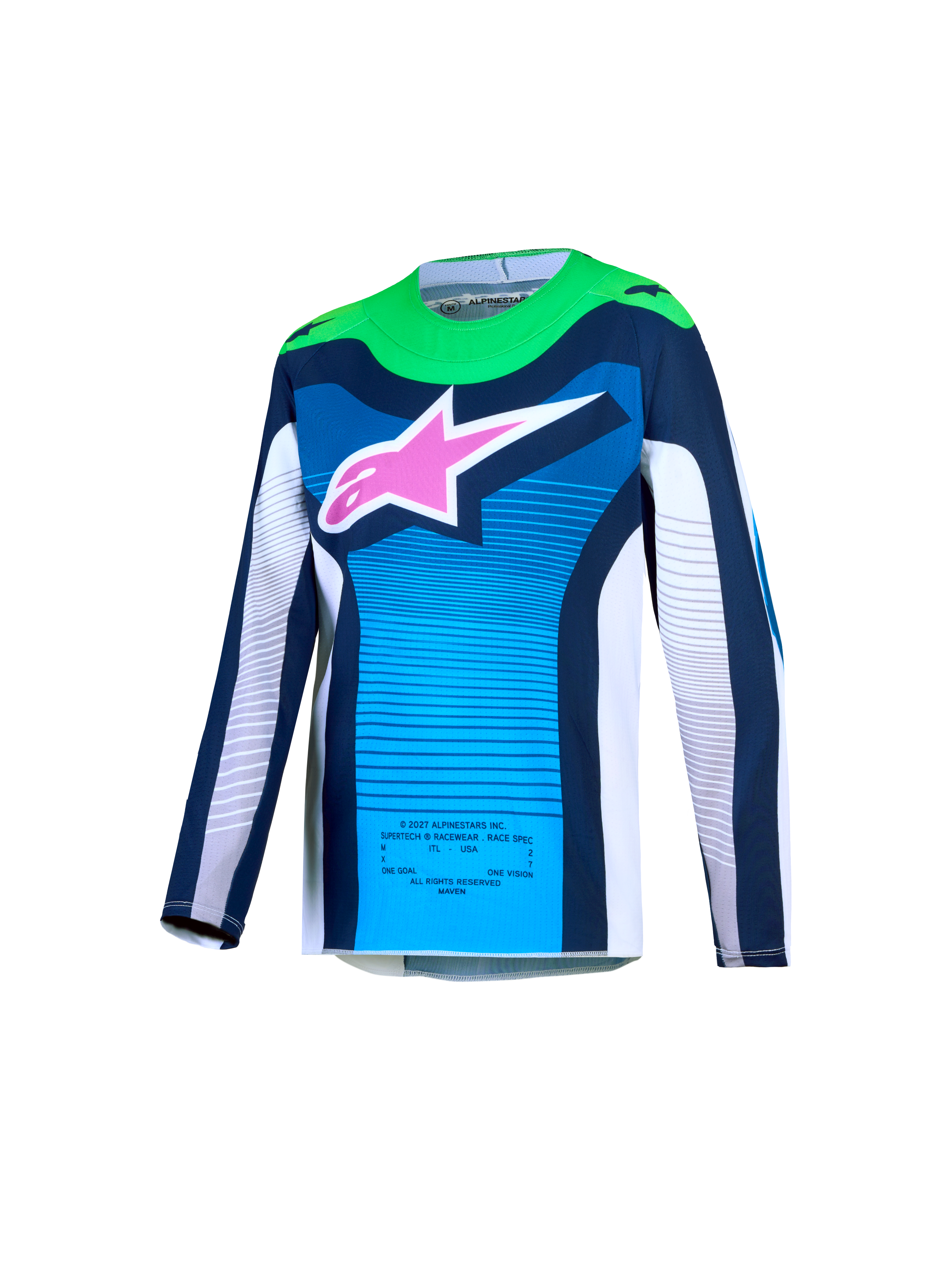 Alpinestars Jeugd Supertech Maven jersey 2027, blauwe en groene motorcrossjersey voor kinderen, roze logo, ademend stretchmesh met lasergesneden perforaties, atletische racepasvorm voor MX.