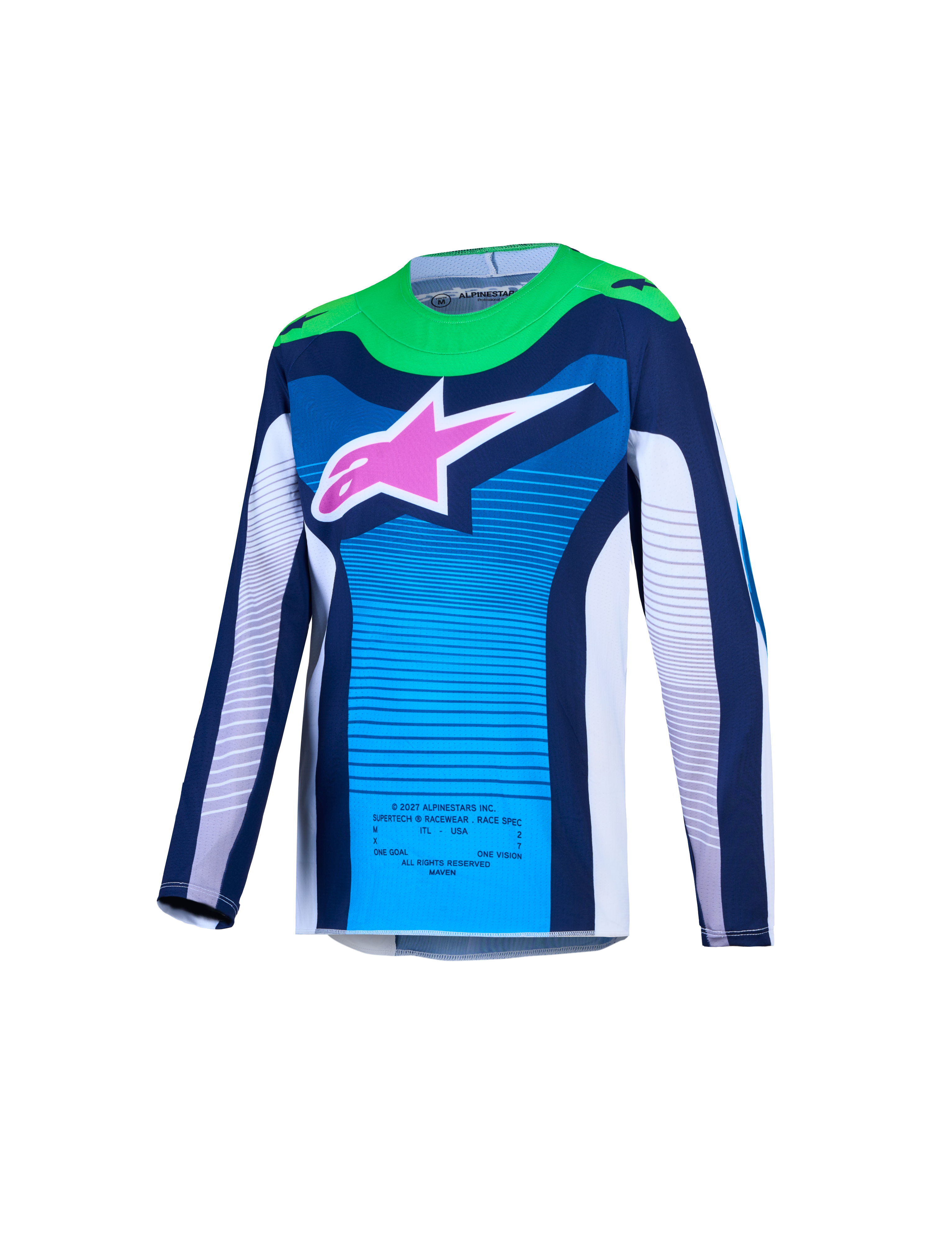 Alpinestars Jeugd Supertech Maven jersey en gear set, blauw en wit motorcrossjersey met groene accenten en roze sterlogo.